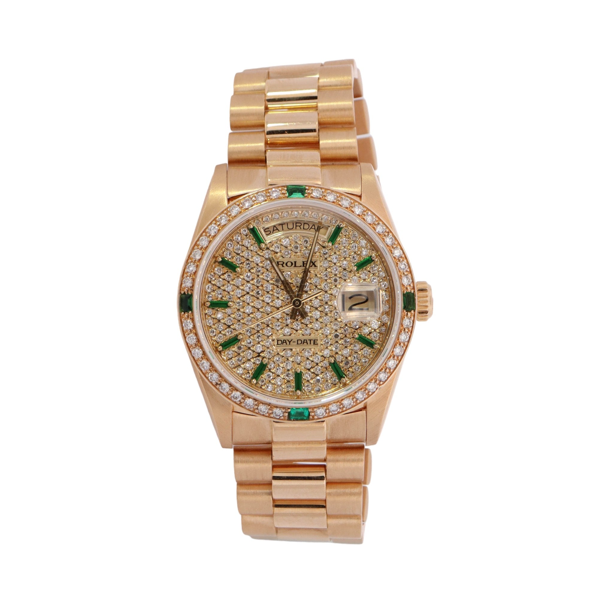 Rolex Day-Date Yellow Gold 36mm Custom Pave Diamond & Emerald Dial Watch Reference #: 18038 - Happy Jewelers Fine Jewelry Lifetime Warranty