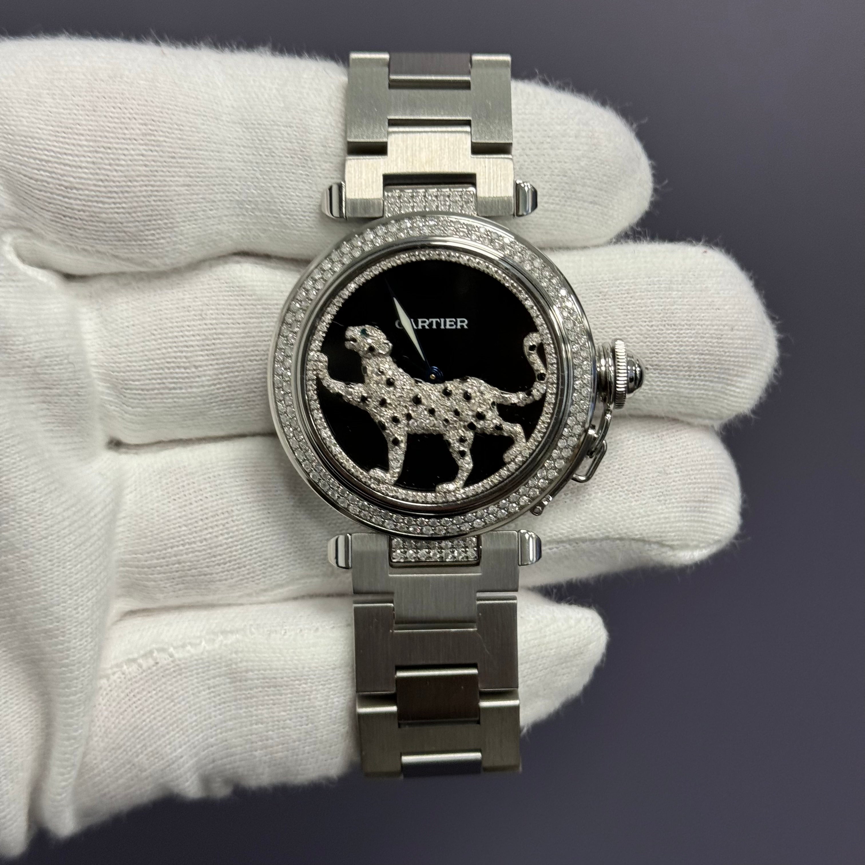 Cartier Pasha 35mm Stainless Steel Custom Panther Dial Ref# 2475 - Happy Jewelers Fine Jewelry Lifetime Warranty