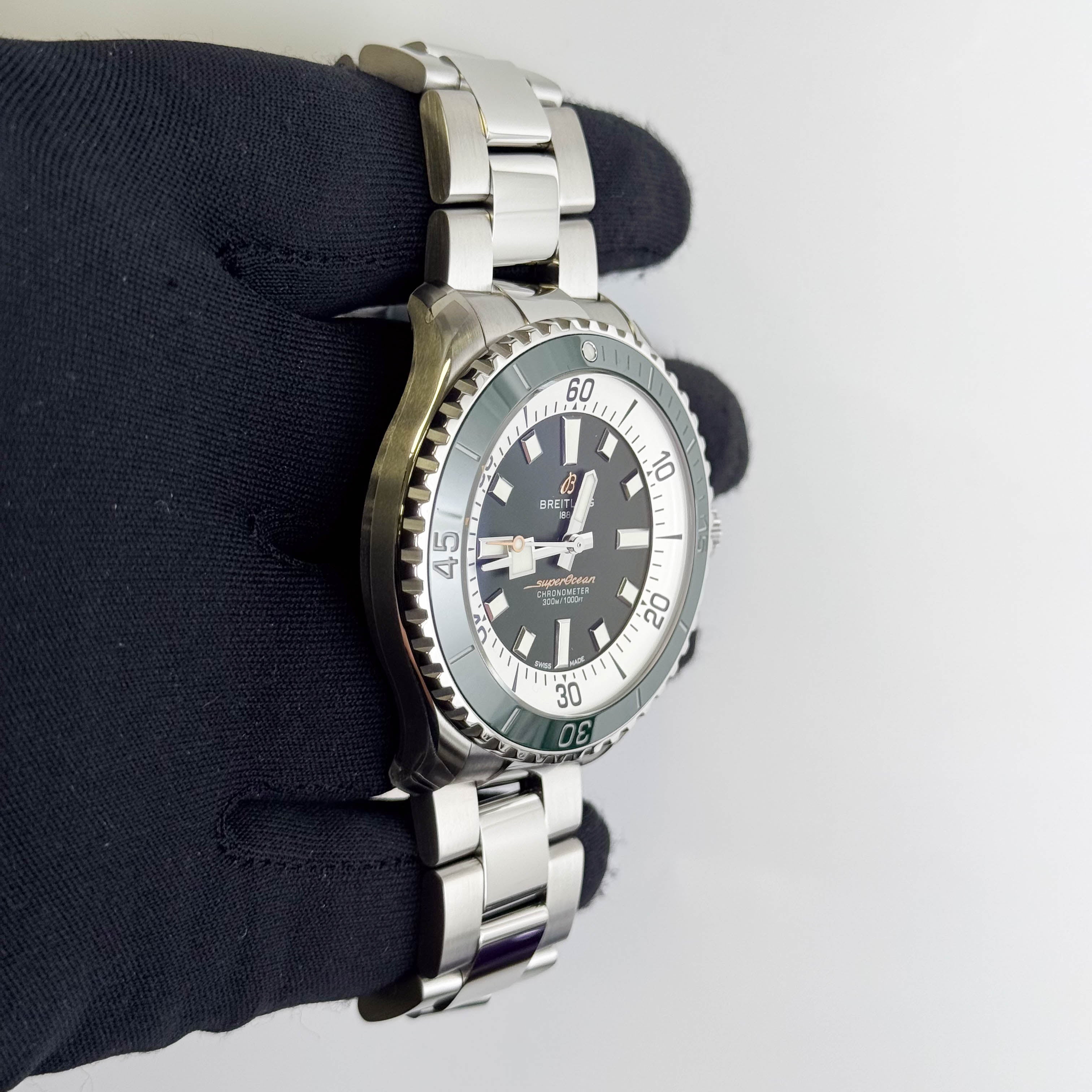 Breitling Superocean 44mm Green/White Stick Dial Watch Ref# A17376 - Happy Jewelers Fine Jewelry Lifetime Warranty
