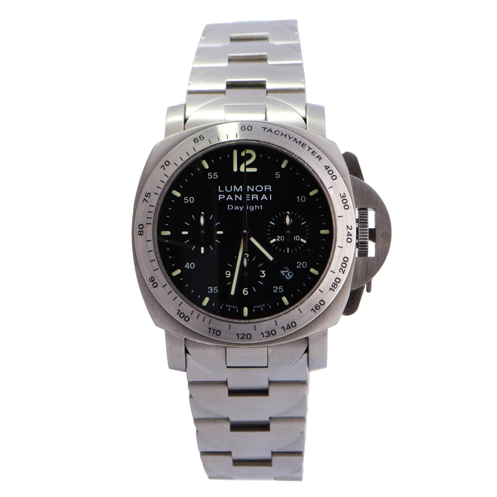 Panerai Daylight Stainless Steel 44mm Black Chronograph Dial Watch Reference #: PAM00250 - Happy Jewelers Fine Jewelry Lifetime Warranty