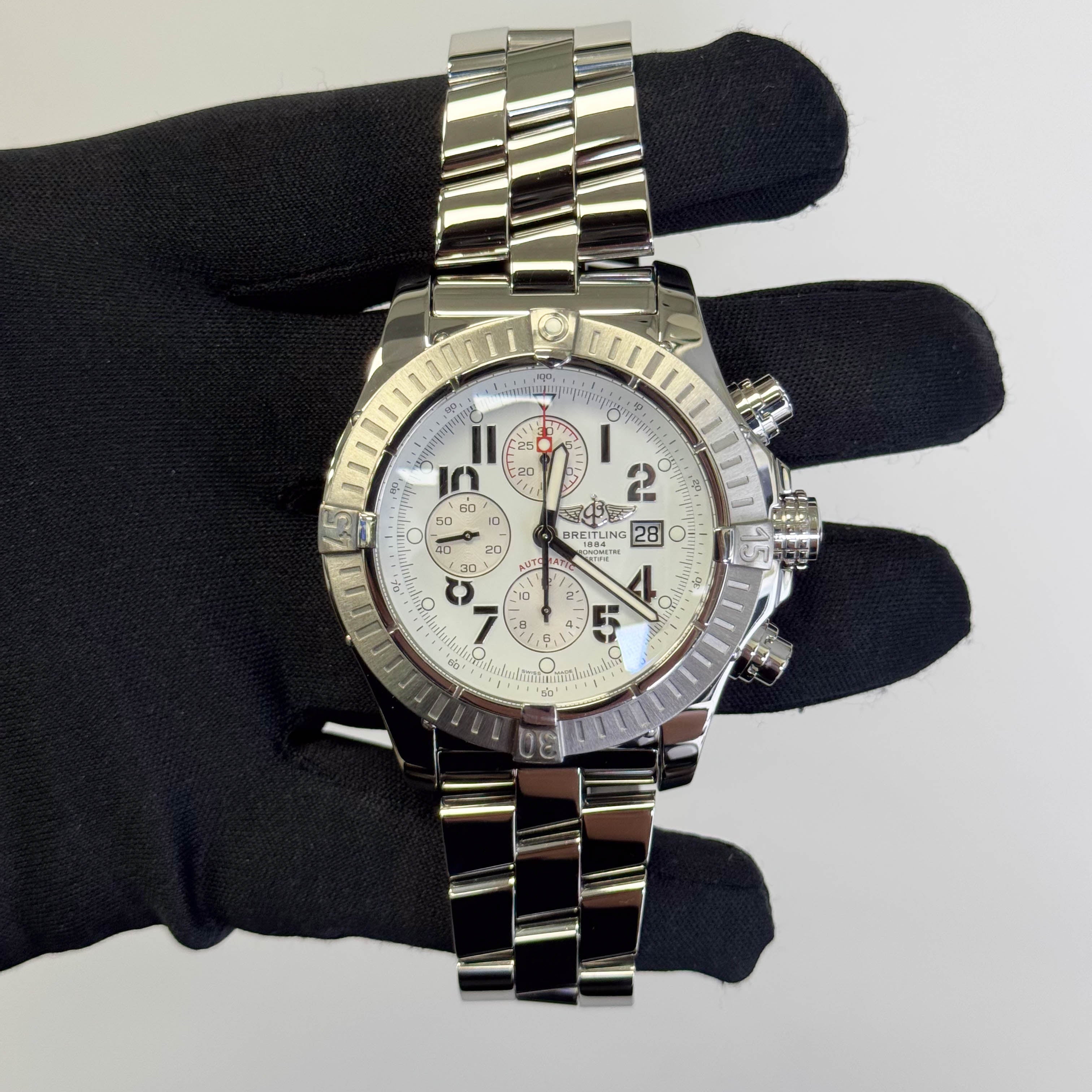 Breitling Super Avenger Stainless Steel 48mm White Dial Watch Ref# A13370 - Happy Jewelers Fine Jewelry Lifetime Warranty