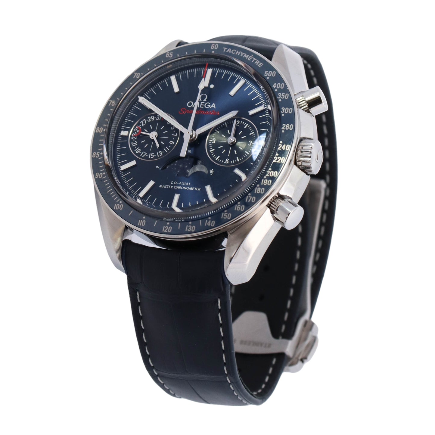 Omega Speedmaster Moonphase Stainless Steel 44mm Blue Chronograph Stick Dial Watch Reference #: 304.33.44.52.03.001 - Happy Jewelers Fine Jewelry Lifetime Warranty