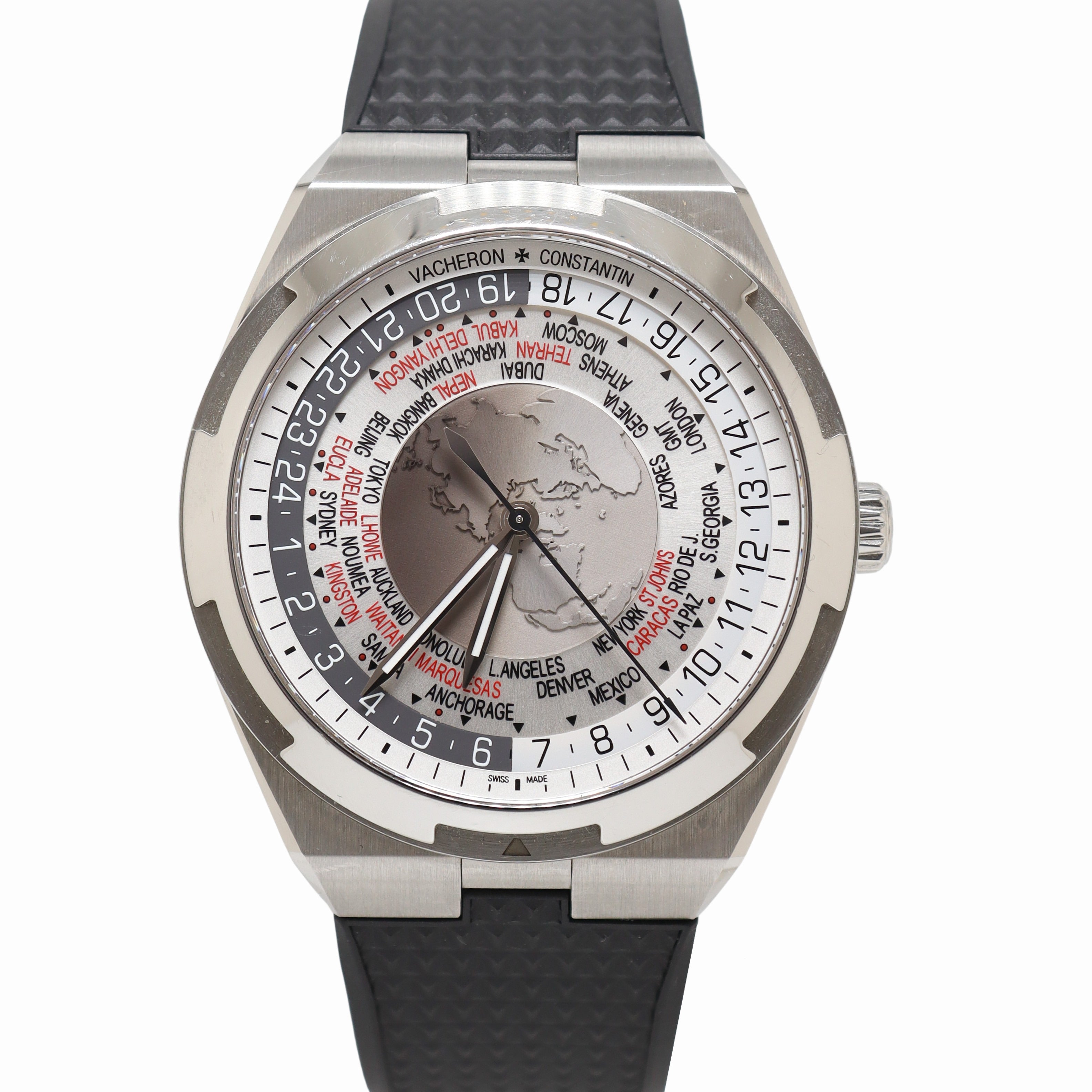 Vacheron Constantin Overseas World Time Series Stainless Steel 43.5mm White/Grey Dial Watch Reference #: 7700V - Happy Jewelers Fine Jewelry Lifetime Warranty