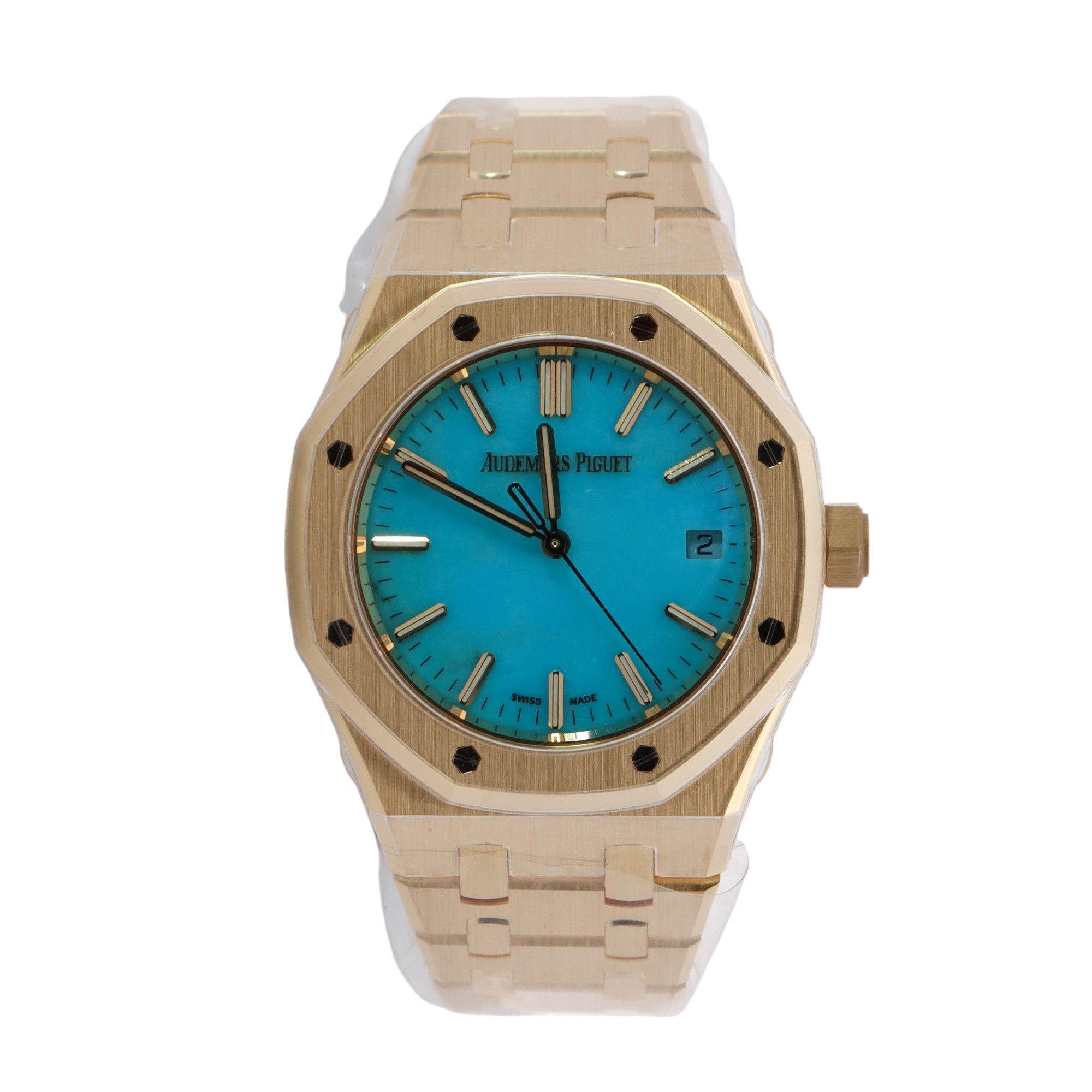 Audemars Piguet Royal Oak Yellow Gold 37mm Turquoise Stick Dial Watch Reference #: 15550BA.OO.1356BA.01 - Happy Jewelers Fine Jewelry Lifetime Warranty