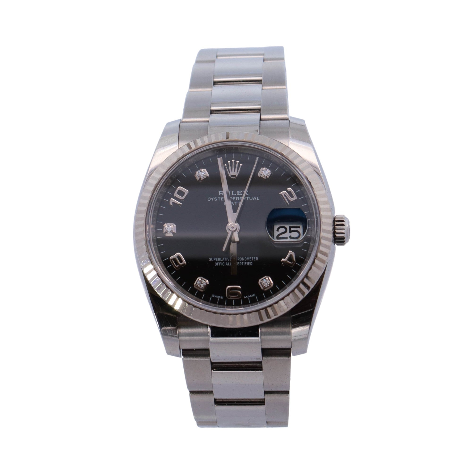 Rolex Oyster Perpetual Date Stainless Steel 34mm Arabic & Diamond Dot Dial Watch Reference# 115234 - Happy Jewelers Fine Jewelry Lifetime Warranty