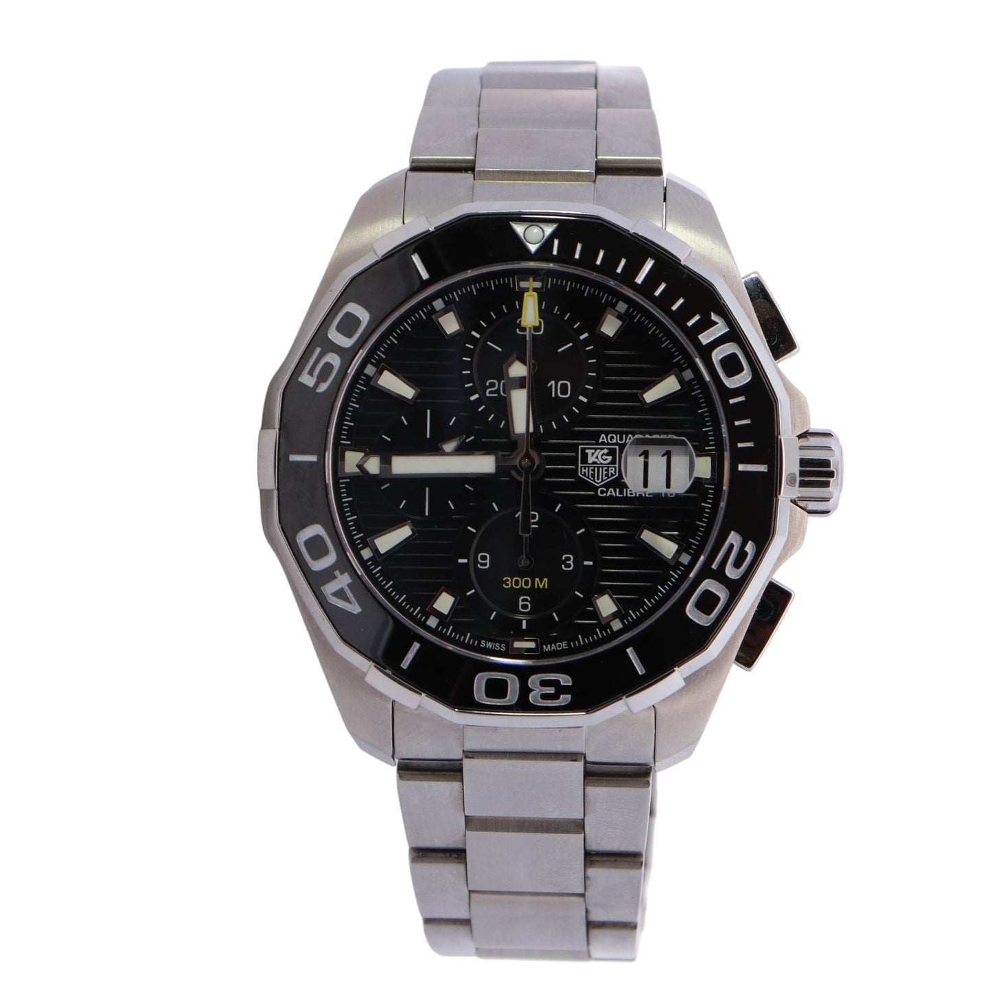 Tag Heuer Aquaracer Chronograph Stainless Steel 43mm Black Chromograph Stick Dial Watch Reference #: CAY211A - Happy Jewelers Fine Jewelry Lifetime Warranty