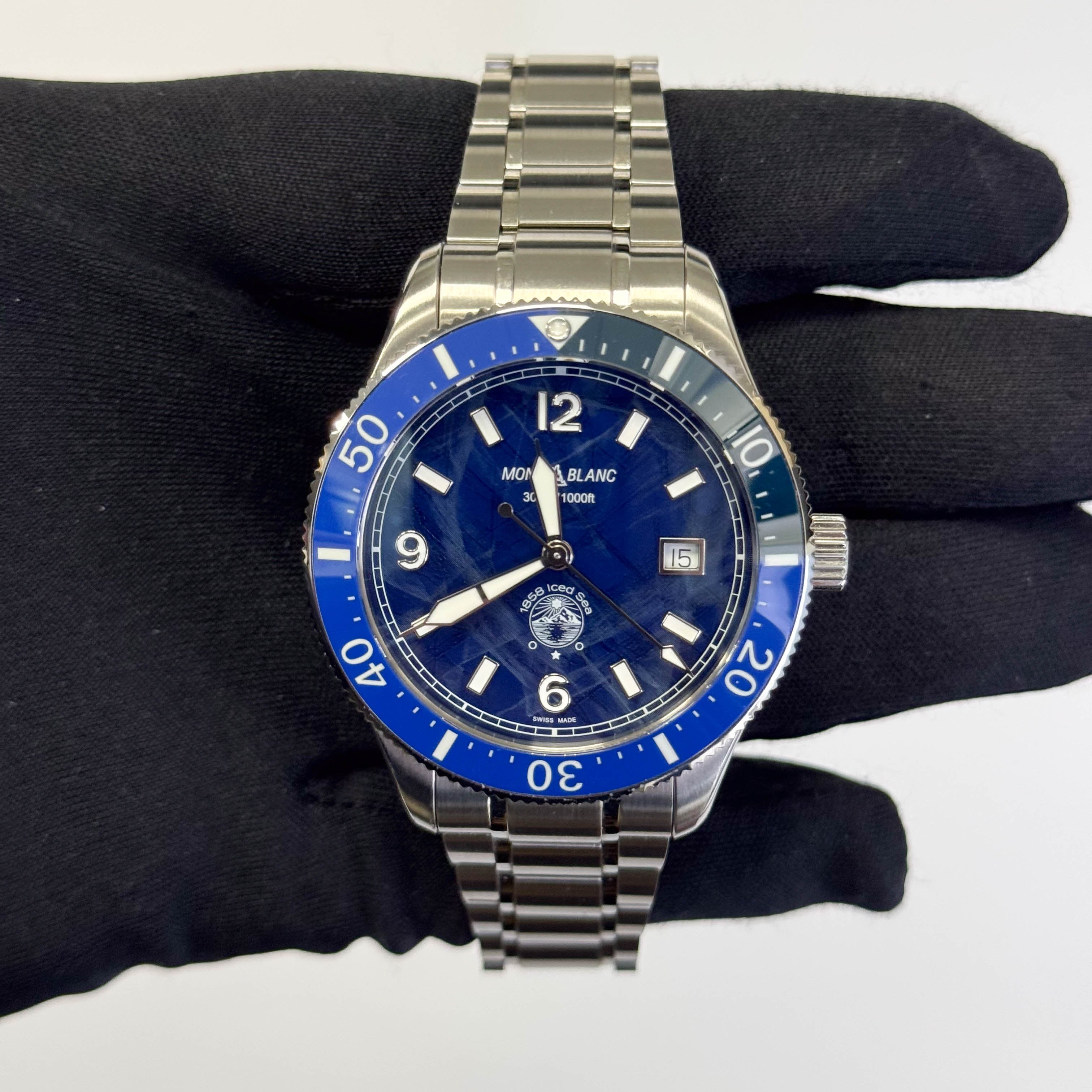 Montblanc 1858 Iced Sea Stainless Steel 41mm Glacier Blue Dial Watch Ref# 129369 - Happy Jewelers Fine Jewelry Lifetime Warranty