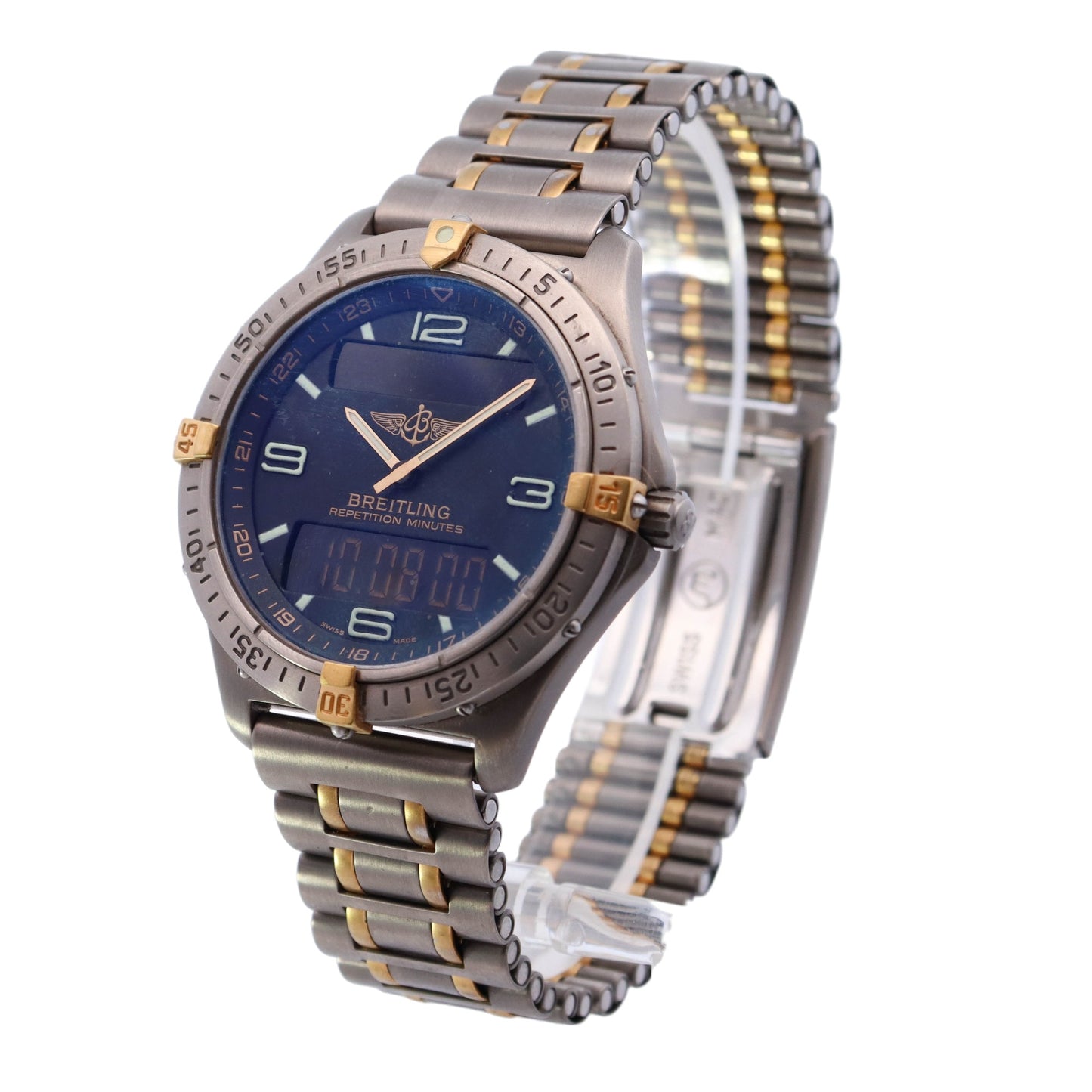 Breitling Aerospace Two-Tone Titanium & Gold Tone Black Analog/ Digital Stick Dial Watch  Reference #: F65062 - Happy Jewelers Fine Jewelry Lifetime Warranty