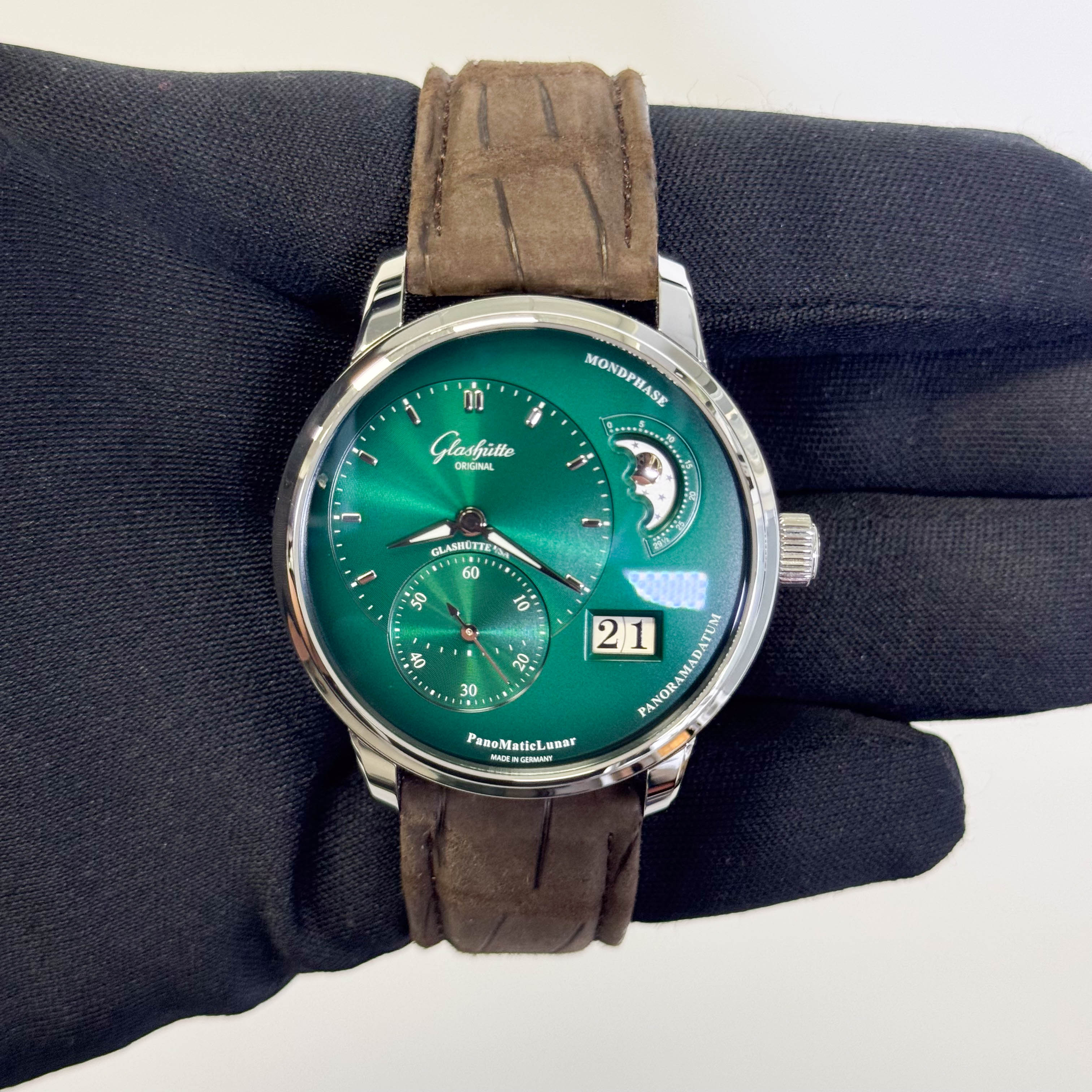 Glashutte PanoMatic Lunar 40mm Green Dial Watch Ref# 1-90-02-13-32-62 - Happy Jewelers Fine Jewelry Lifetime Warranty