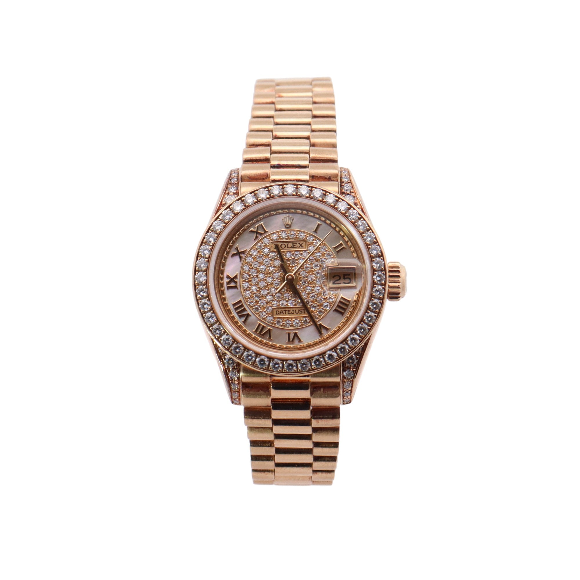 Rolex Datejust Yellow Gold 26mm Factory Mop Pave Diamond Roman Dial Watch Reference #: 69158 - Happy Jewelers Fine Jewelry Lifetime Warranty