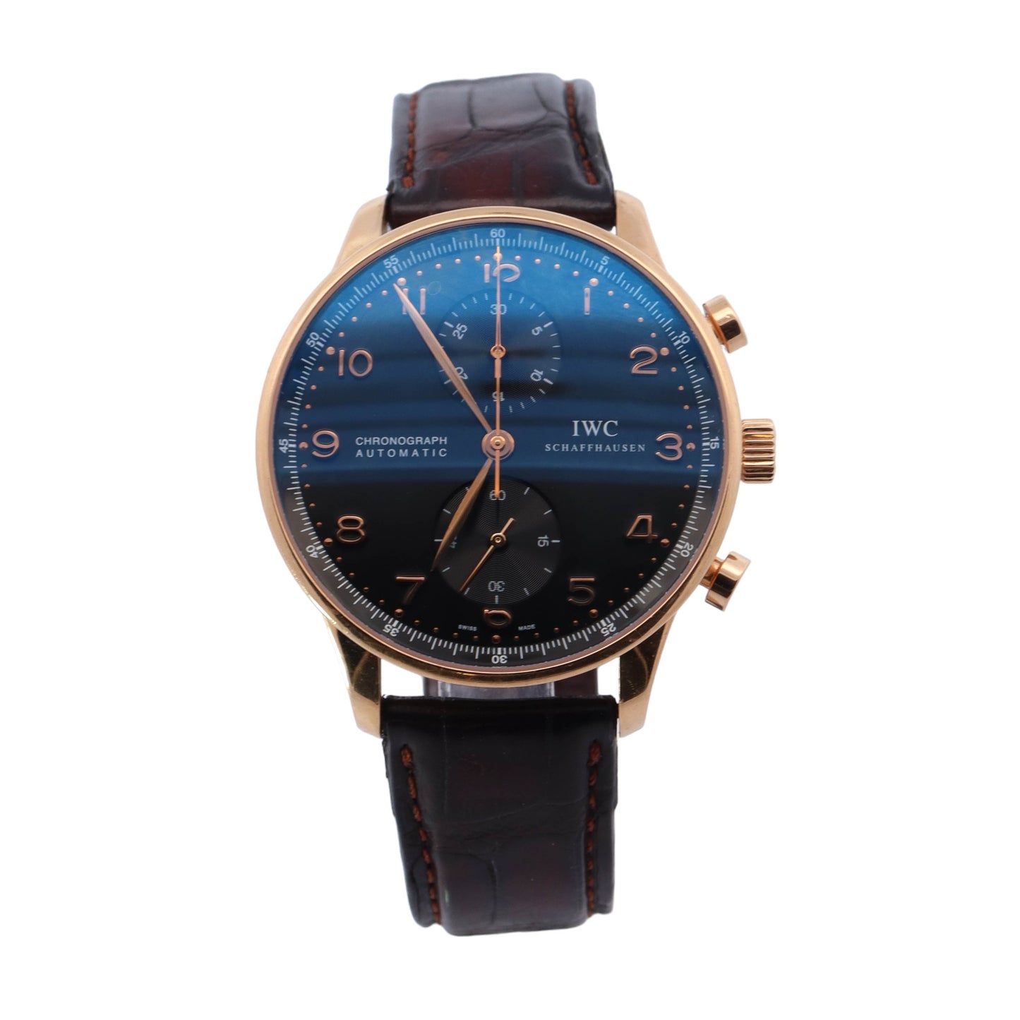 IWC Portugieser Chronograph 18k Rose Gold 41mm Dark Blue Arabic Chronograph Dial Watch Reference #: IW371482 - Happy Jewelers Fine Jewelry Lifetime Warranty
