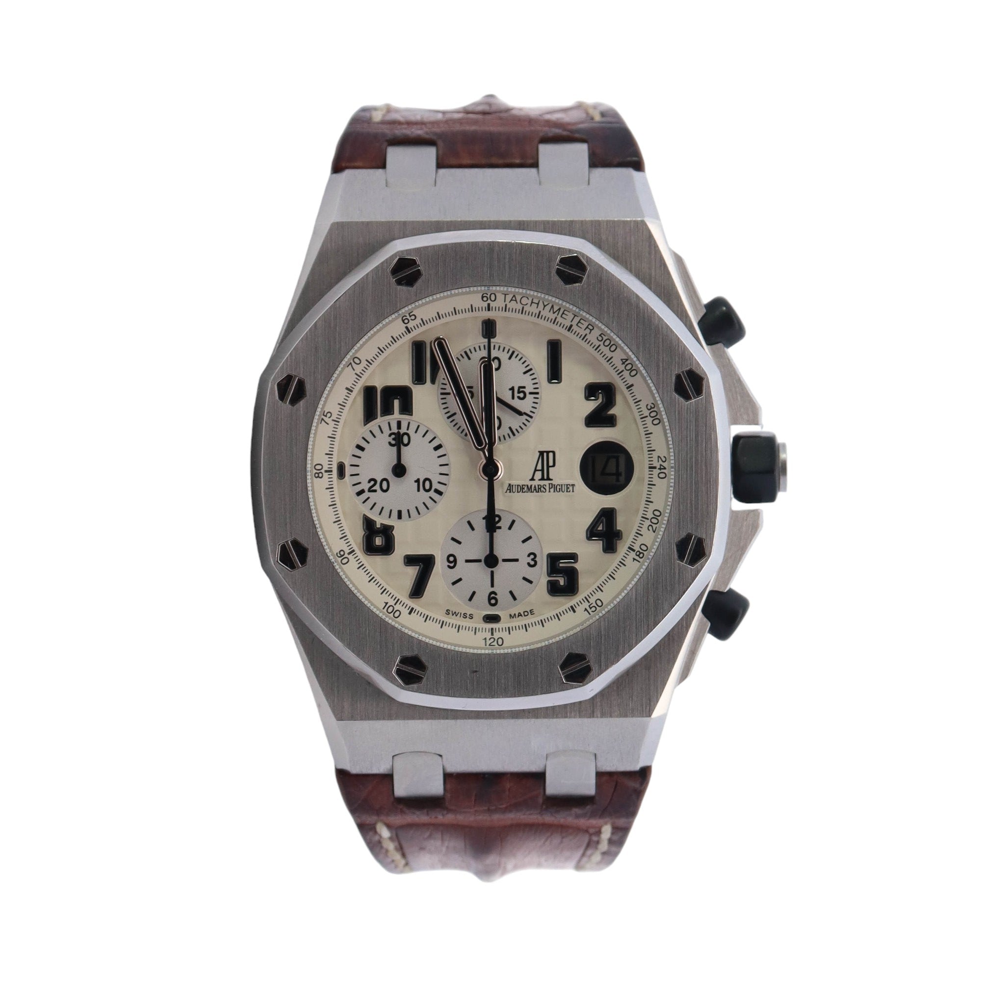 Audemars Piguet Royal Oak Offshore Stainless Steel 42mm Offwhite Chronograph Arabic Dial Watch - Happy Jewelers Fine Jewelry Lifetime Warranty