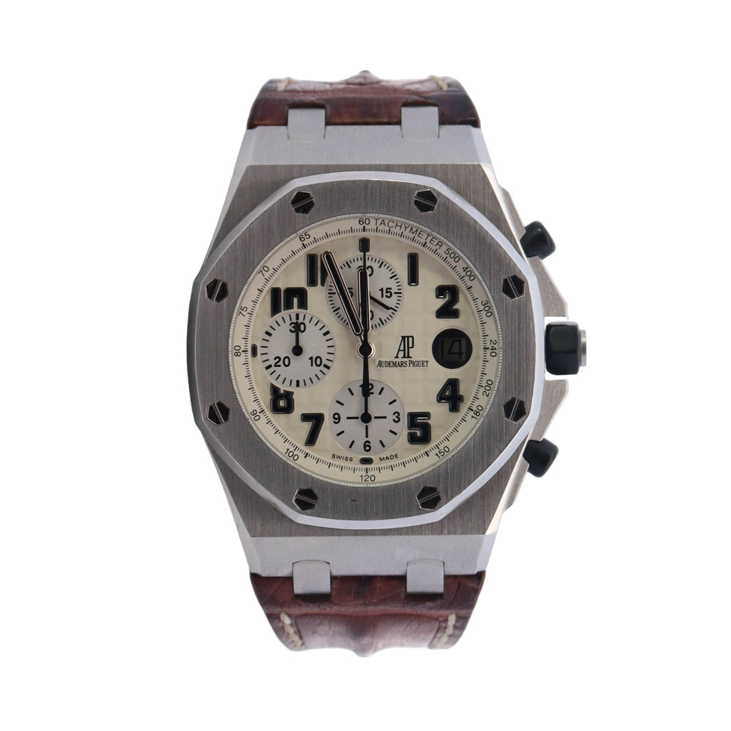 Audemars Piguet Royal Oak Offshore Stainless Steel 42mm Offwhite Chronograph Arabic Dial Watch - Happy Jewelers Fine Jewelry Lifetime Warranty