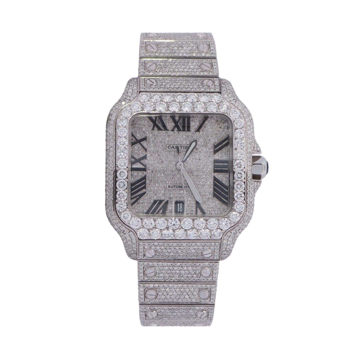 Cartier Santos Stainless Steel 39mm Fully Iced Out Custom Diamond Pave Roman Dial Watch  Reference #: WSSA0030 - Happy Jewelers Fine Jewelry Lifetime Warranty