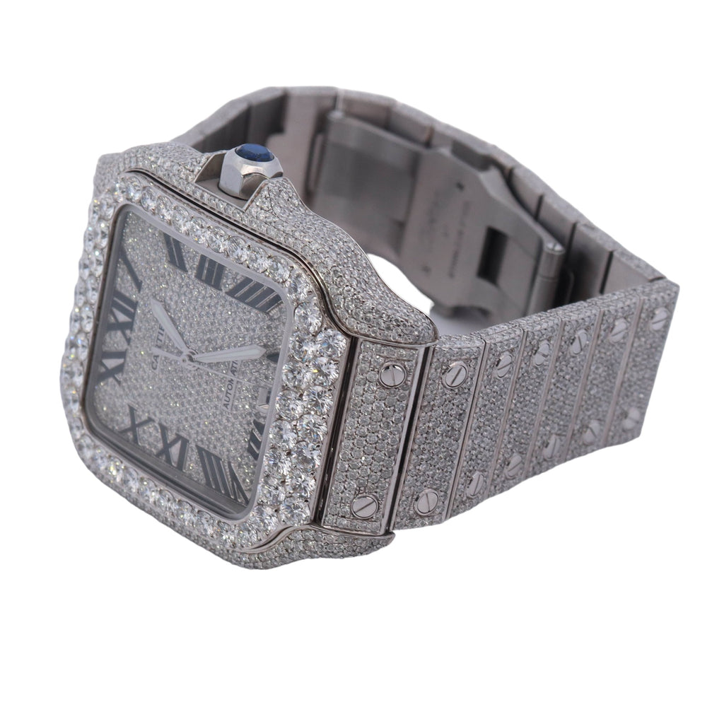 Cartier Santos Stainless Steel 39mm Fully Iced Out Custom Diamond Pave Roman Dial Watch  Reference #: WSSA0030 - Happy Jewelers Fine Jewelry Lifetime Warranty