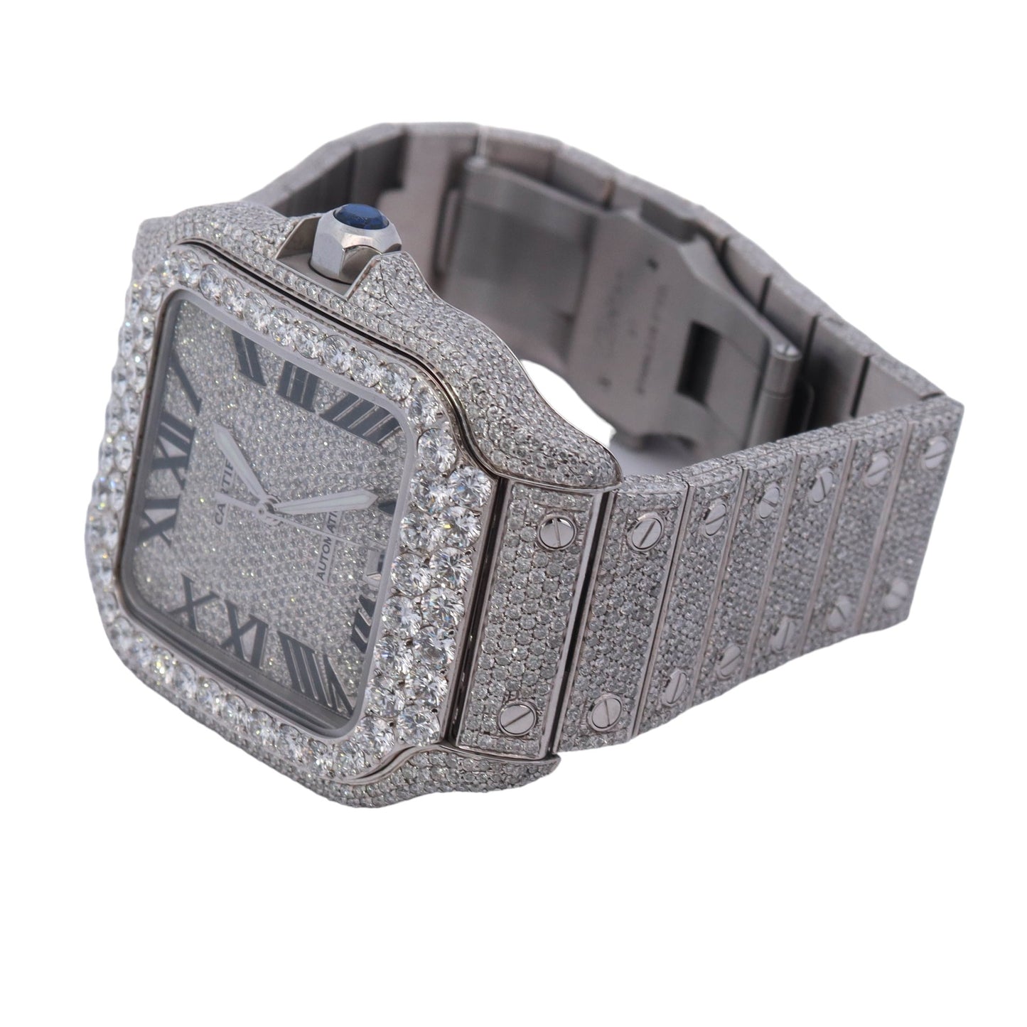 Cartier Santos Stainless Steel 39mm Fully Iced Out Custom Diamond Pave Roman Dial Watch  Reference #: WSSA0030