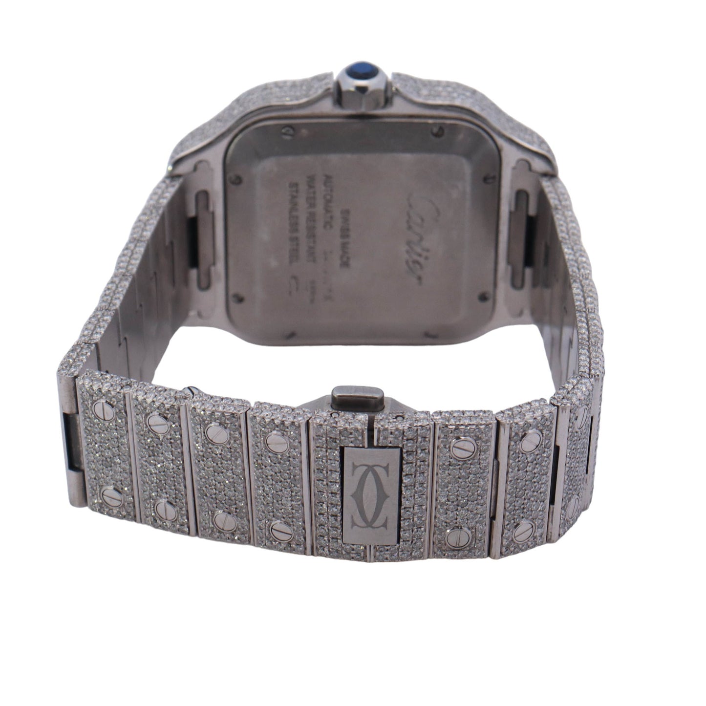 Cartier Santos Stainless Steel 39mm Fully Iced Out Custom Diamond Pave Roman Dial Watch  Reference #: WSSA0030