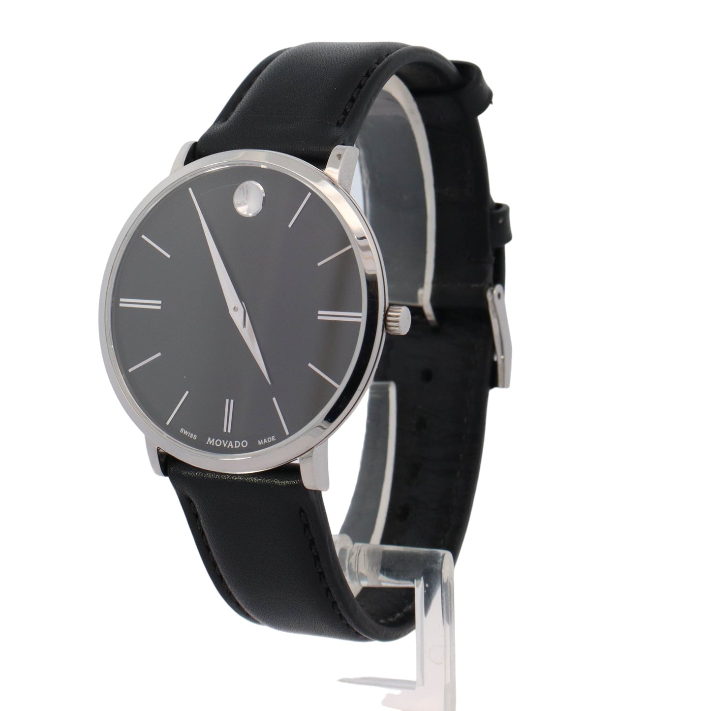 Movado Ultra Slim Stainless Steel 40mm Black Stick Dial Watch Ref#  65.1.14.1395 - Happy Jewelers Fine Jewelry Lifetime Warranty