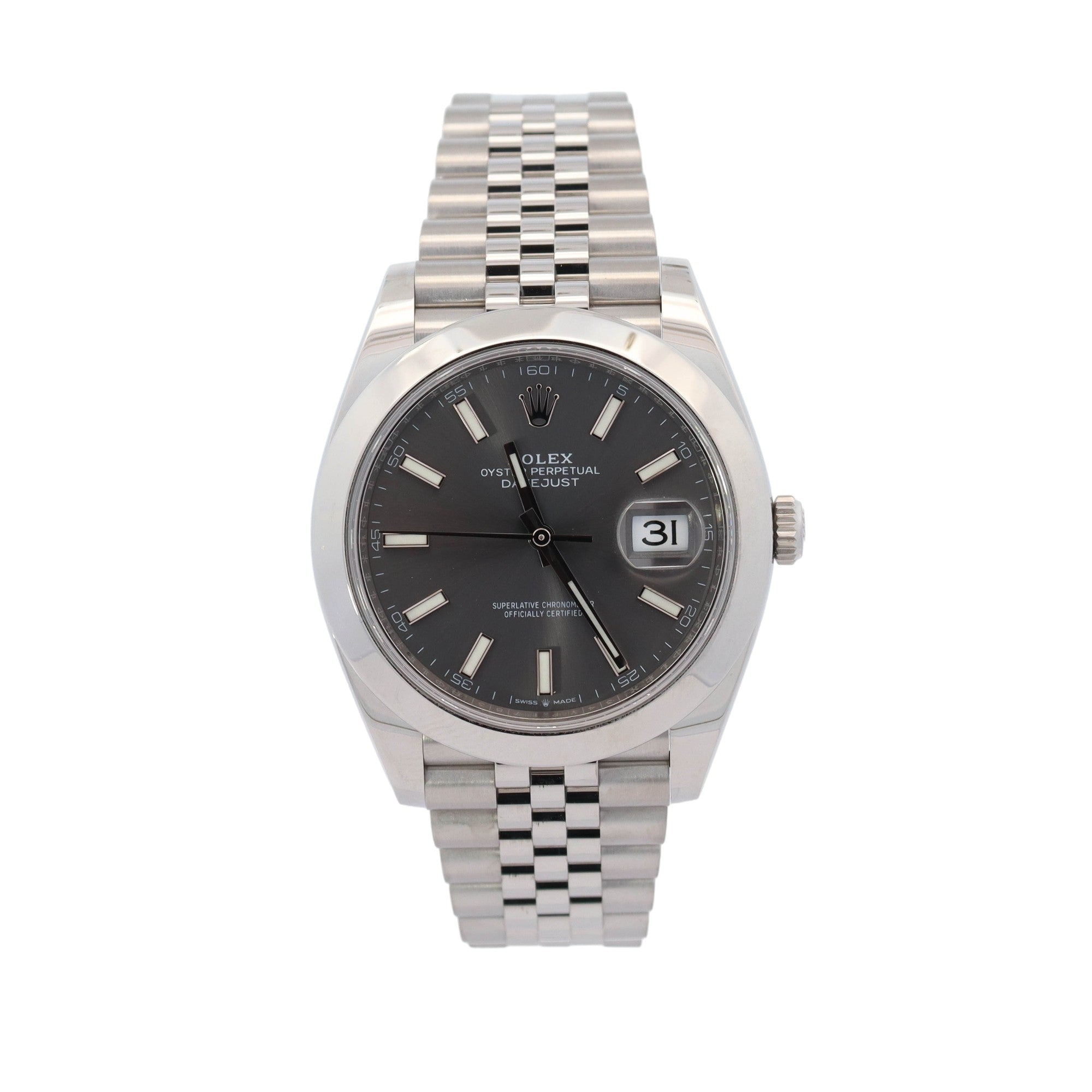 Rolex Datejust Stainless Steel 41mm Rhodium Stick Dial Watch Reference #: 126300 - Happy Jewelers Fine Jewelry Lifetime Warranty