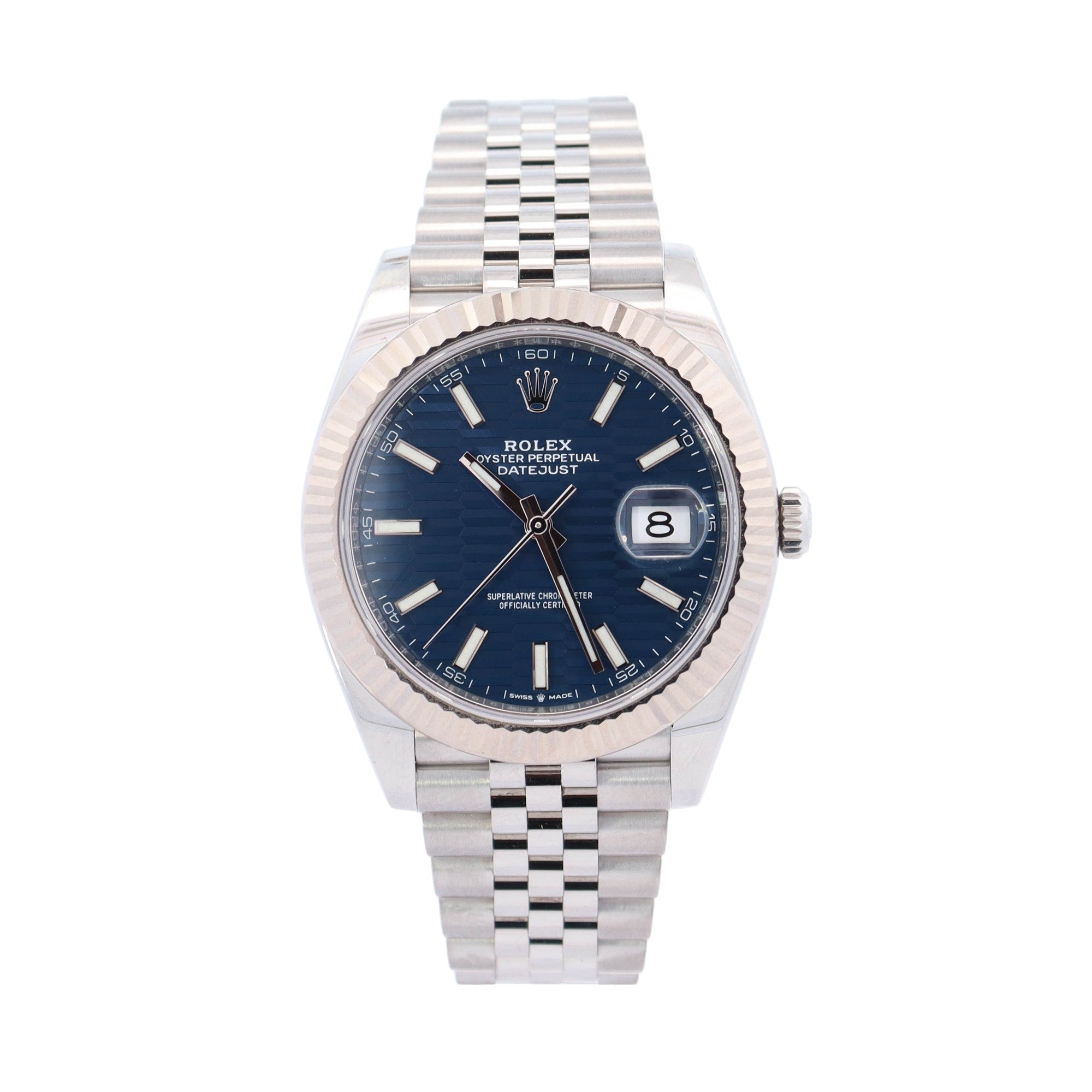 Rolex Datejust Stainless Steel 41mm Blue Motif Stick Dial Watch Reference #: 126334 - Happy Jewelers Fine Jewelry Lifetime Warranty