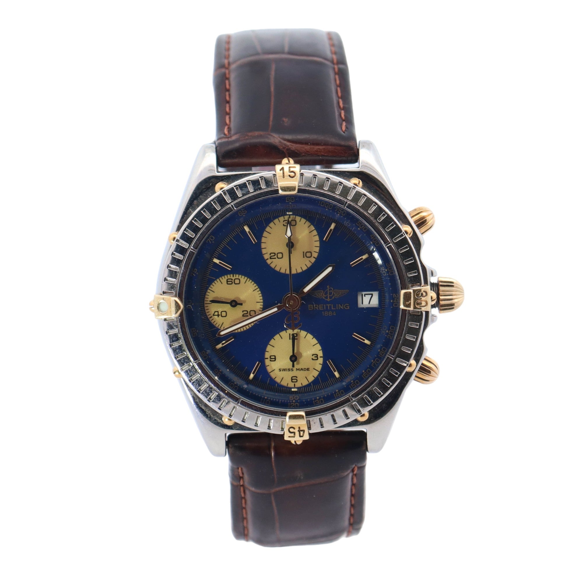 Breitling Chronomat Stainless Steel 39mm Blue Chronograph Stick Dial Watch Reference #: B13050.1 - Happy Jewelers Fine Jewelry Lifetime Warranty