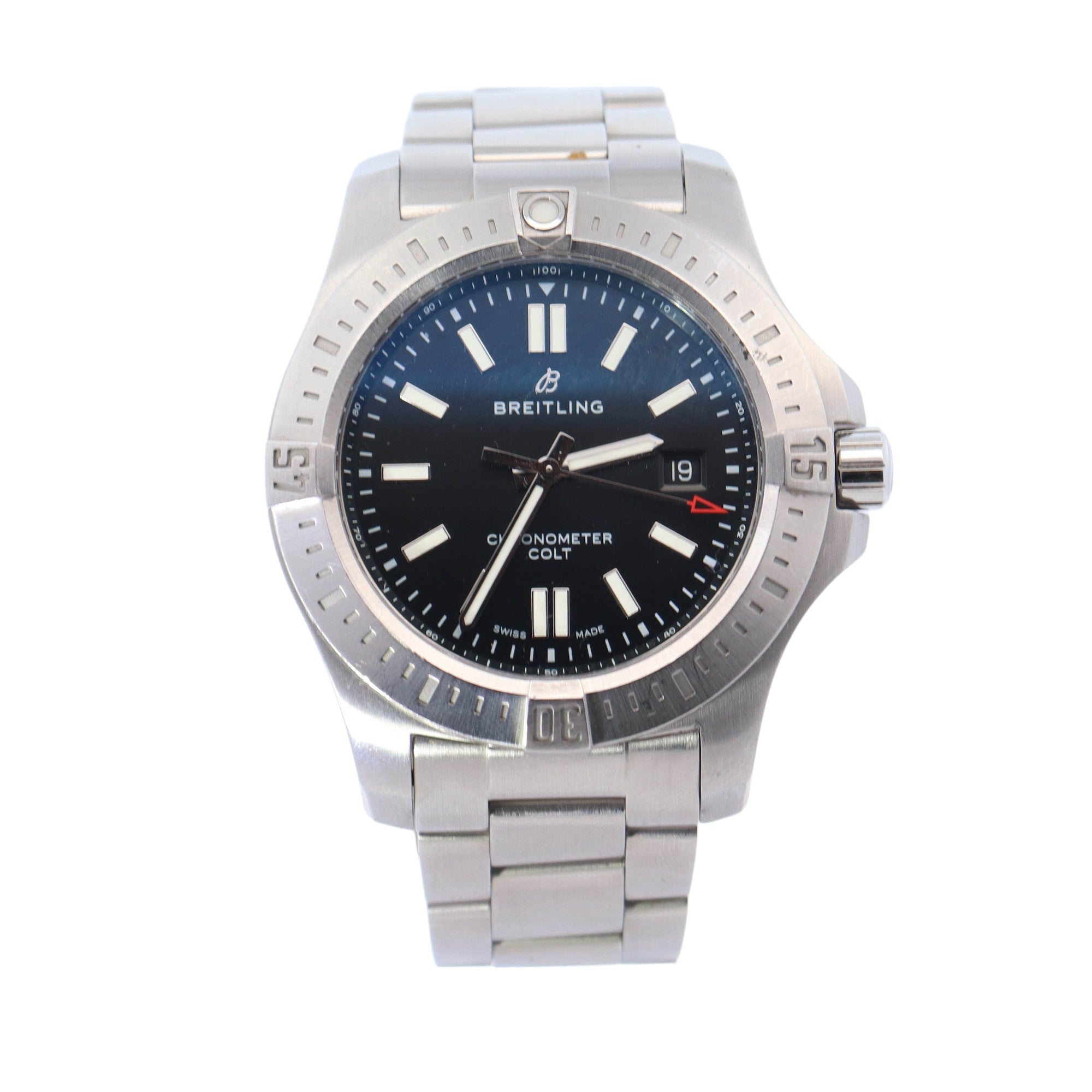 Breitling Colt Stainless Steel 44mm Black Stick Dial Watch Reference #: A17388 - Happy Jewelers Fine Jewelry Lifetime Warranty