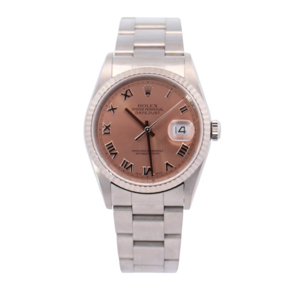 Rolex Datejust Stainless Steel 36mm Salmon Roman Dial Watch Reference #: 16234 - Happy Jewelers Fine Jewelry Lifetime Warranty