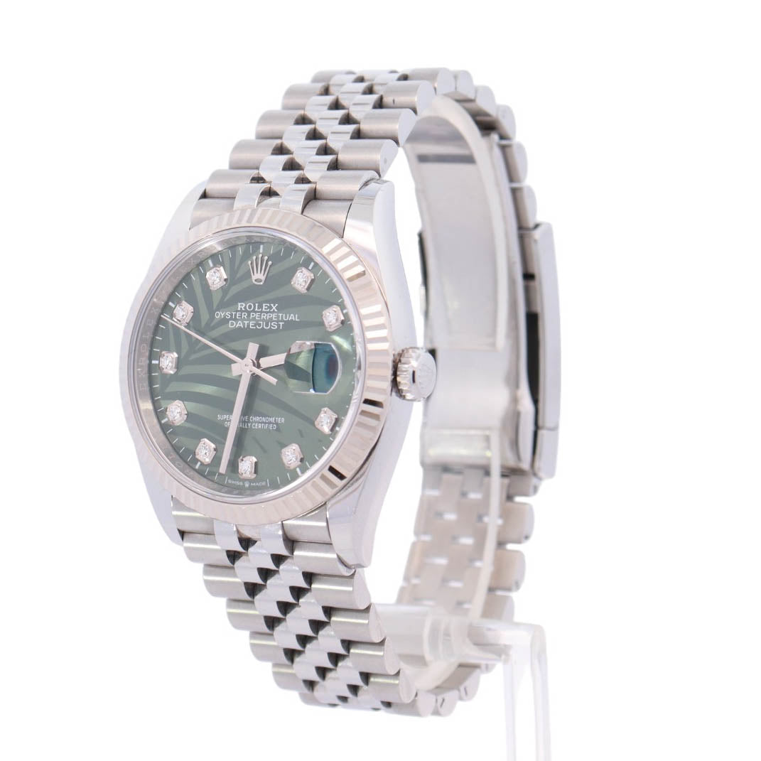 Rolex Datejust Stainless Steel 36mm Green Palm Motif Diamond Dot Dial Watch Reference# 126234 - Happy Jewelers Fine Jewelry Lifetime Warranty