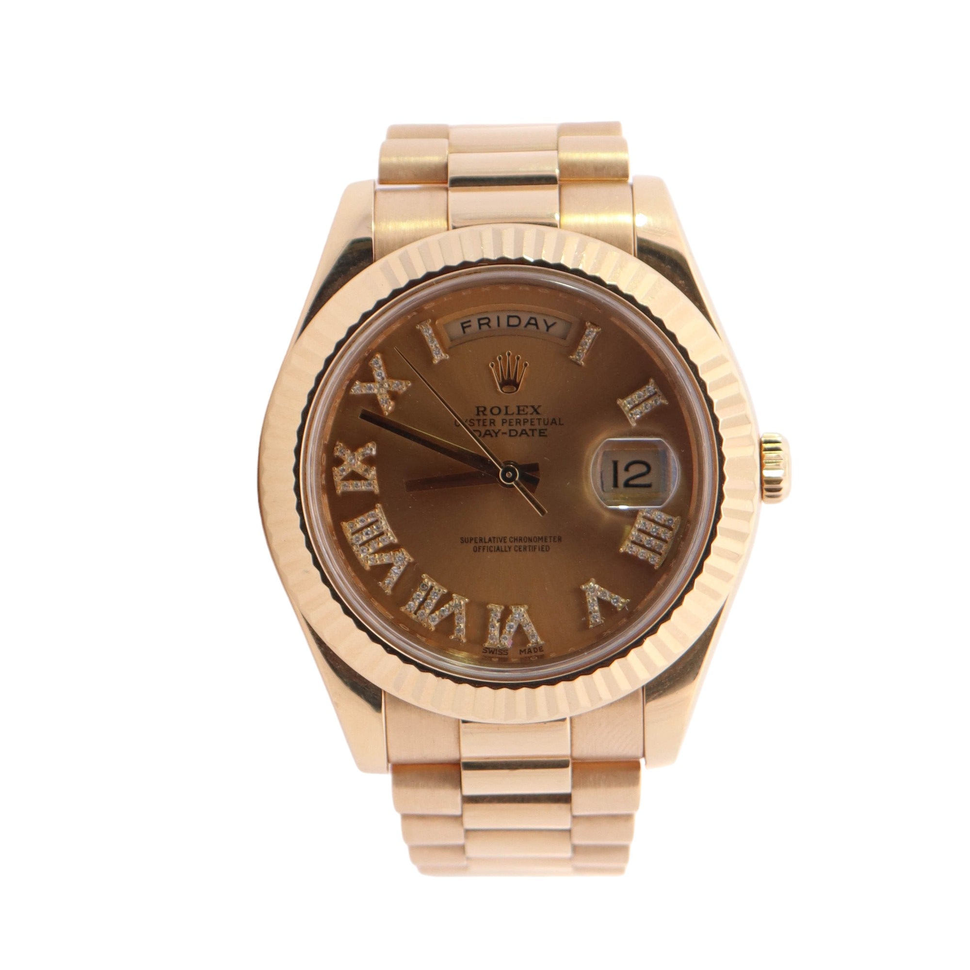 Rolex Day-Date Yellow Gold 41mm Champagne Custom Diamond Roman Dial Watch Reference# 218238 - Happy Jewelers Fine Jewelry Lifetime Warranty