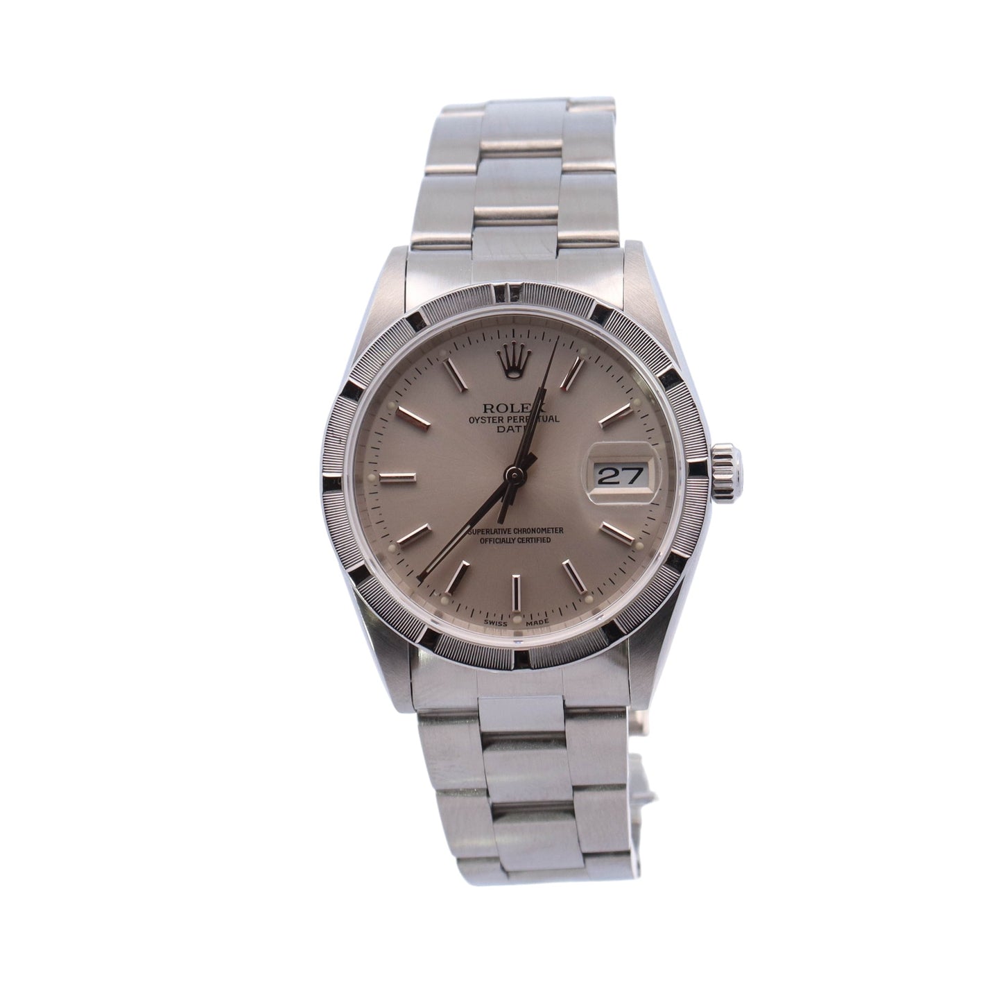 Rolex Oyster Perpetual Date Stainless Steel 34mm Silver Stick Dial Watch Reference# 15210
