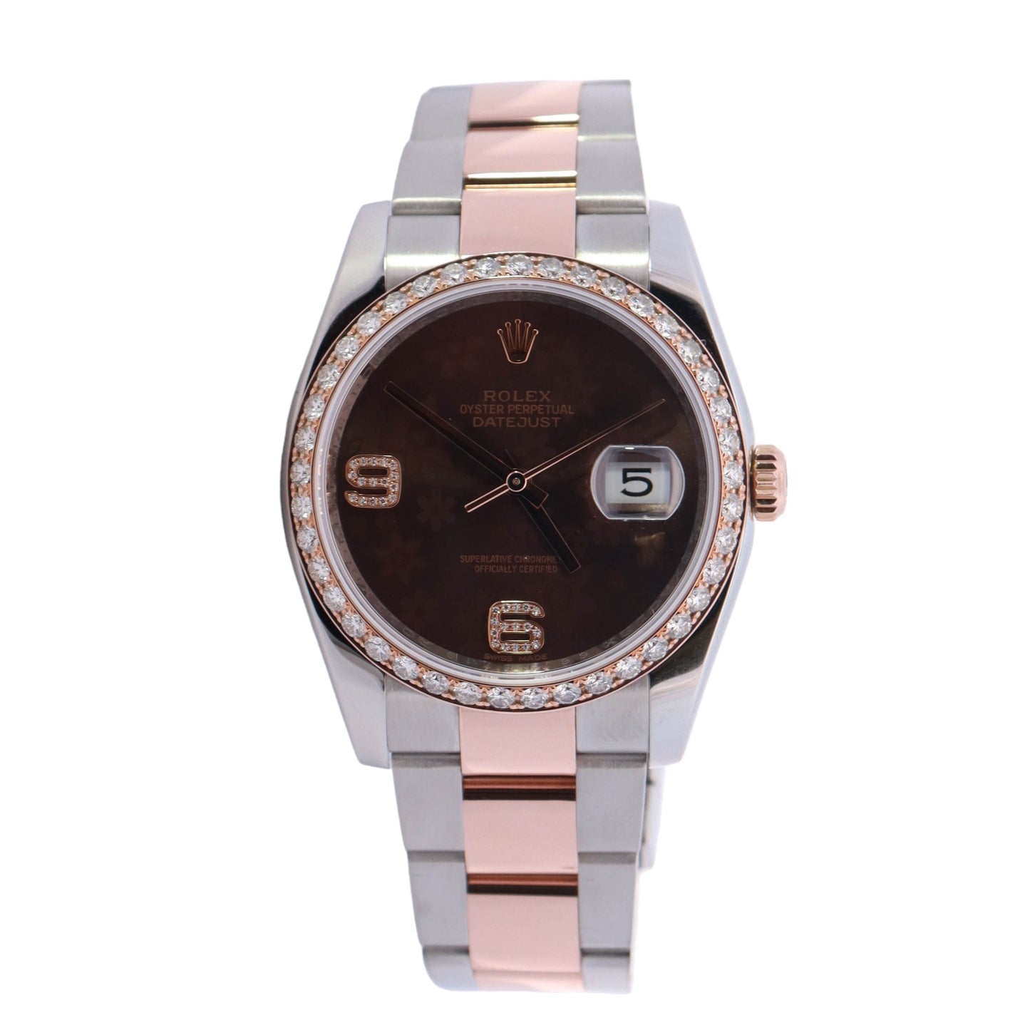 Rolex Datejust Two Tone Rose Gold & Stainless Steel 36mm Brown Roman Flower Dial Watch Reference #: 116201