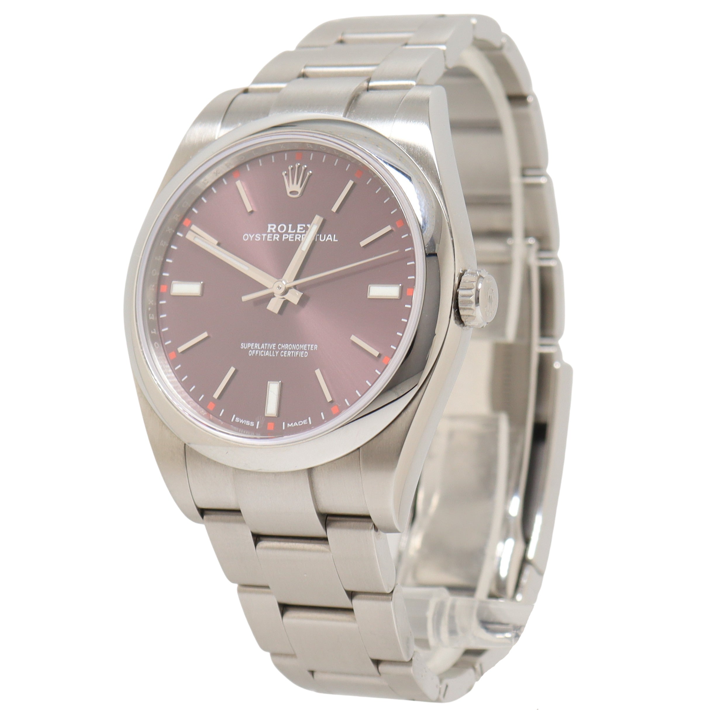 Rolex Oyster Perpetual Stainless Steeo 39mm Red Grape Stick Dial Watch Reference# 114300 - Happy Jewelers Fine Jewelry Lifetime Warranty