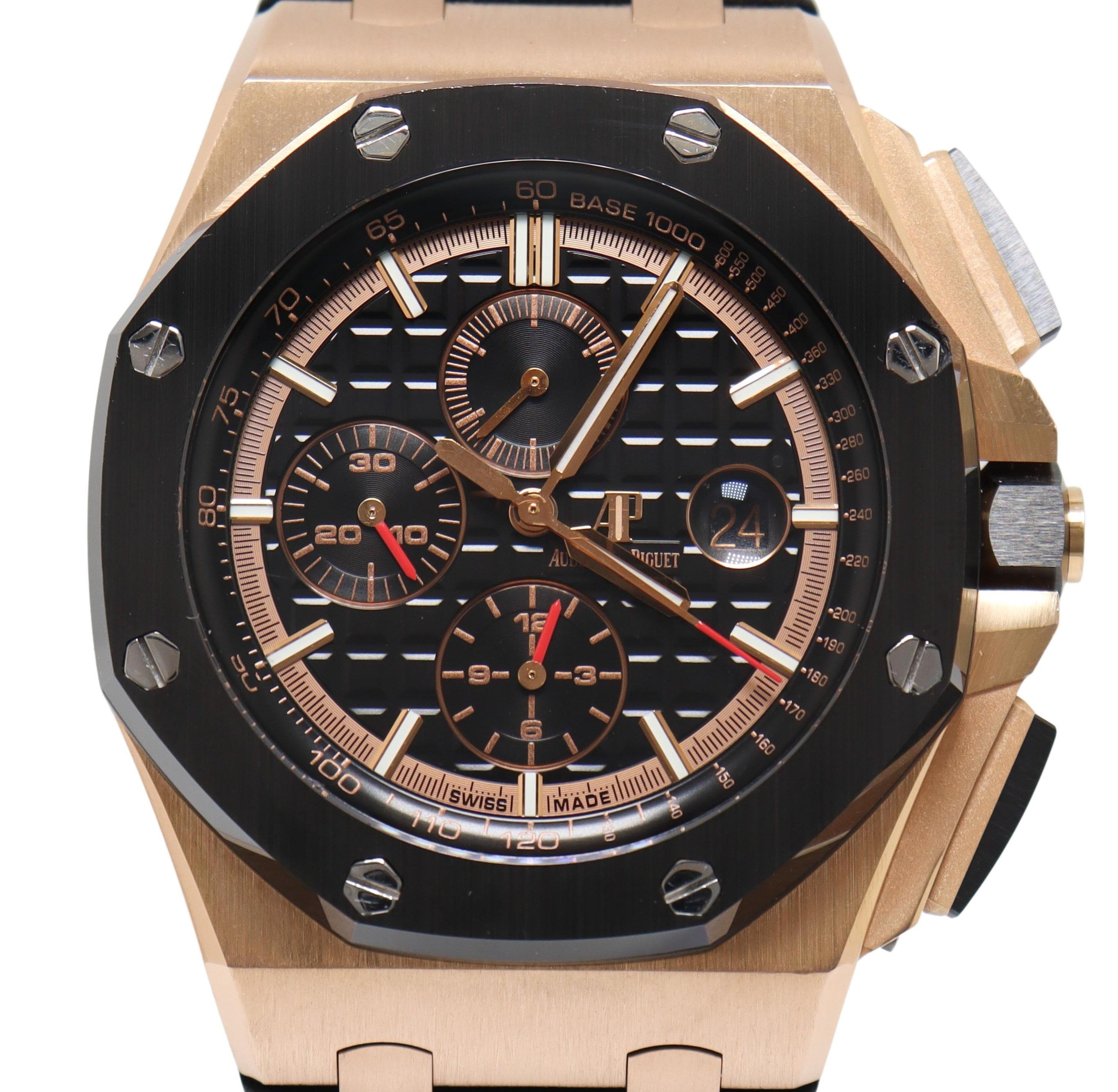 Audemars Piguet Royal Oak Offshore Rose Gold 44mm Black Chronograph Stick Dial Watch Reference #: 26401RO.OO.A002CA.02 - Happy Jewelers Fine Jewelry Lifetime Warranty