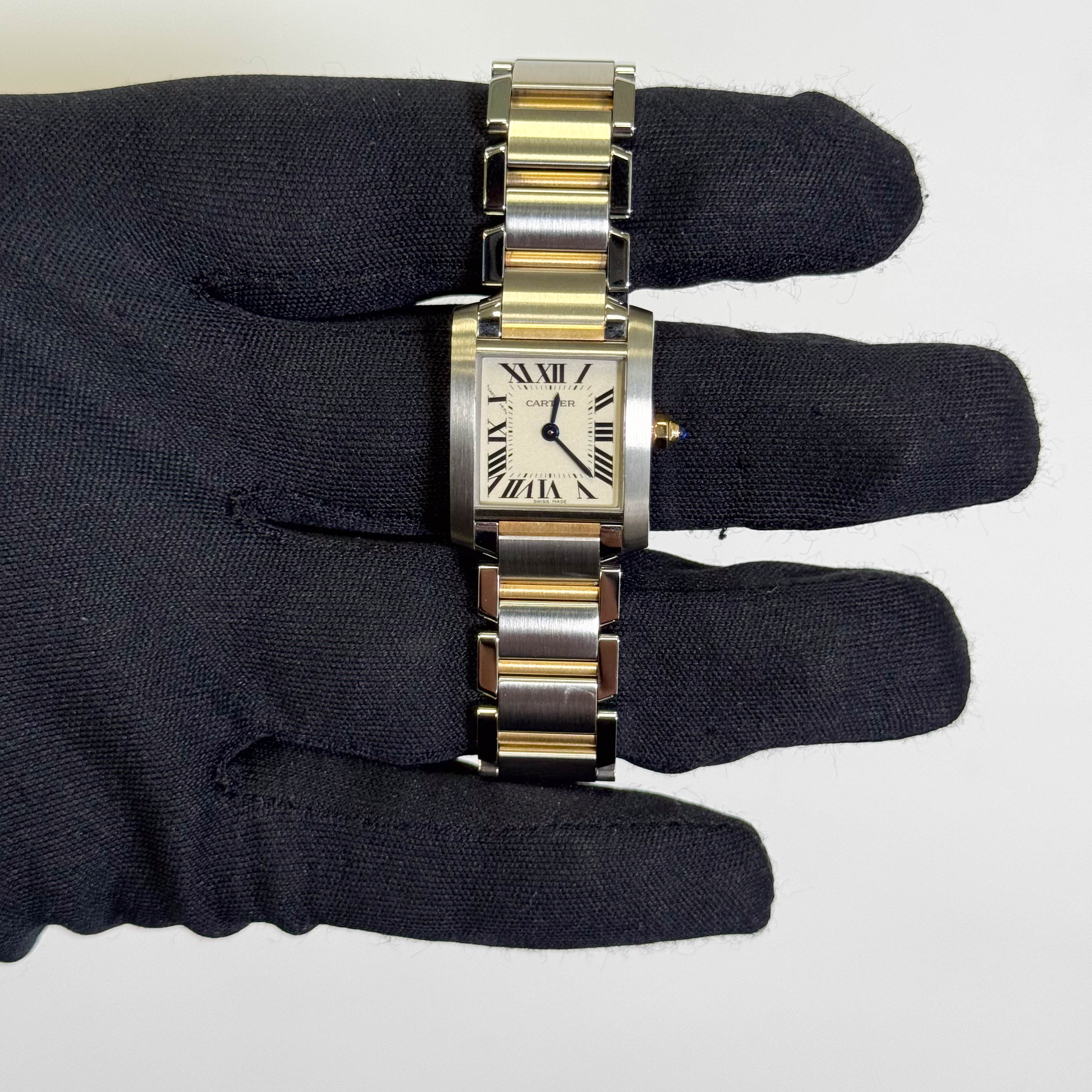 Cartier Tank Two-Tone Yellow Gold & Steel 25x20mm White Dial Watch Ref# W51007Q4