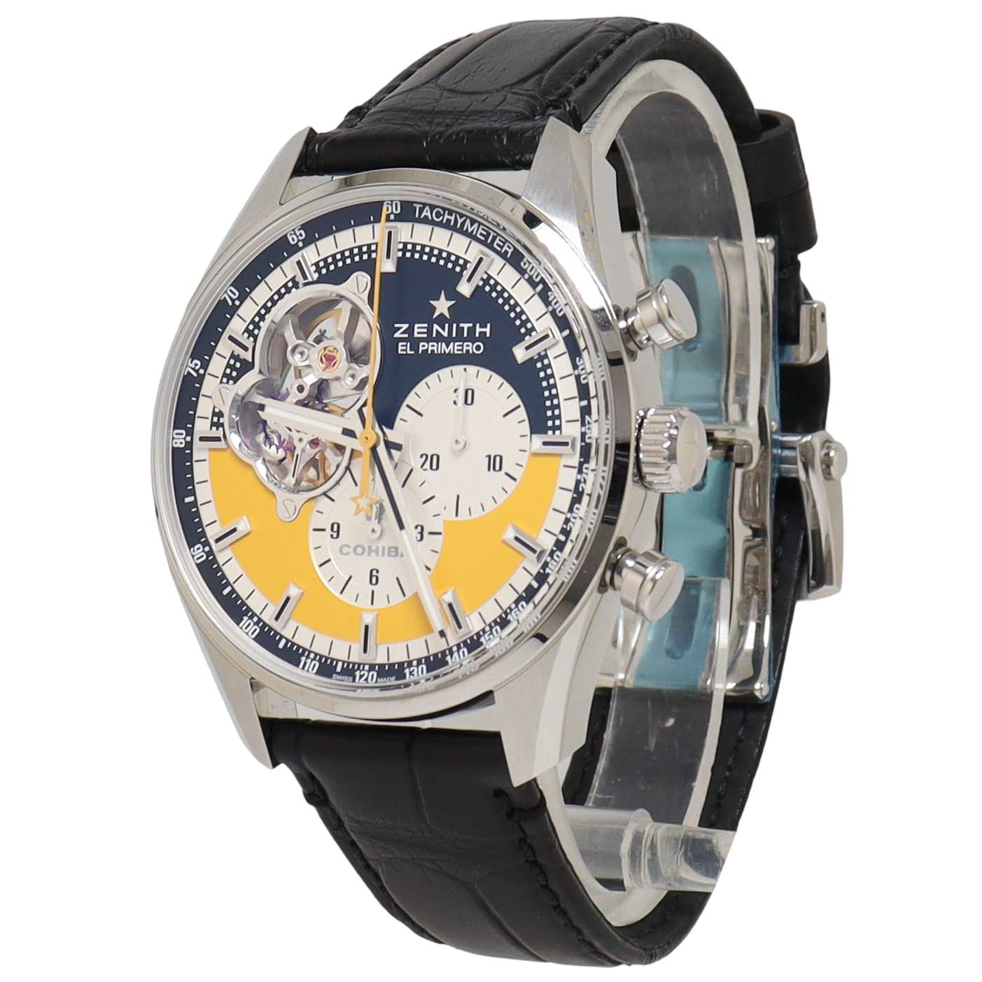 Zenith El Primero Stainless Steel 42mm Black & Yellow Chronograph Dial Watch Reference#: 03.2041.4061 - Happy Jewelers Fine Jewelry Lifetime Warranty