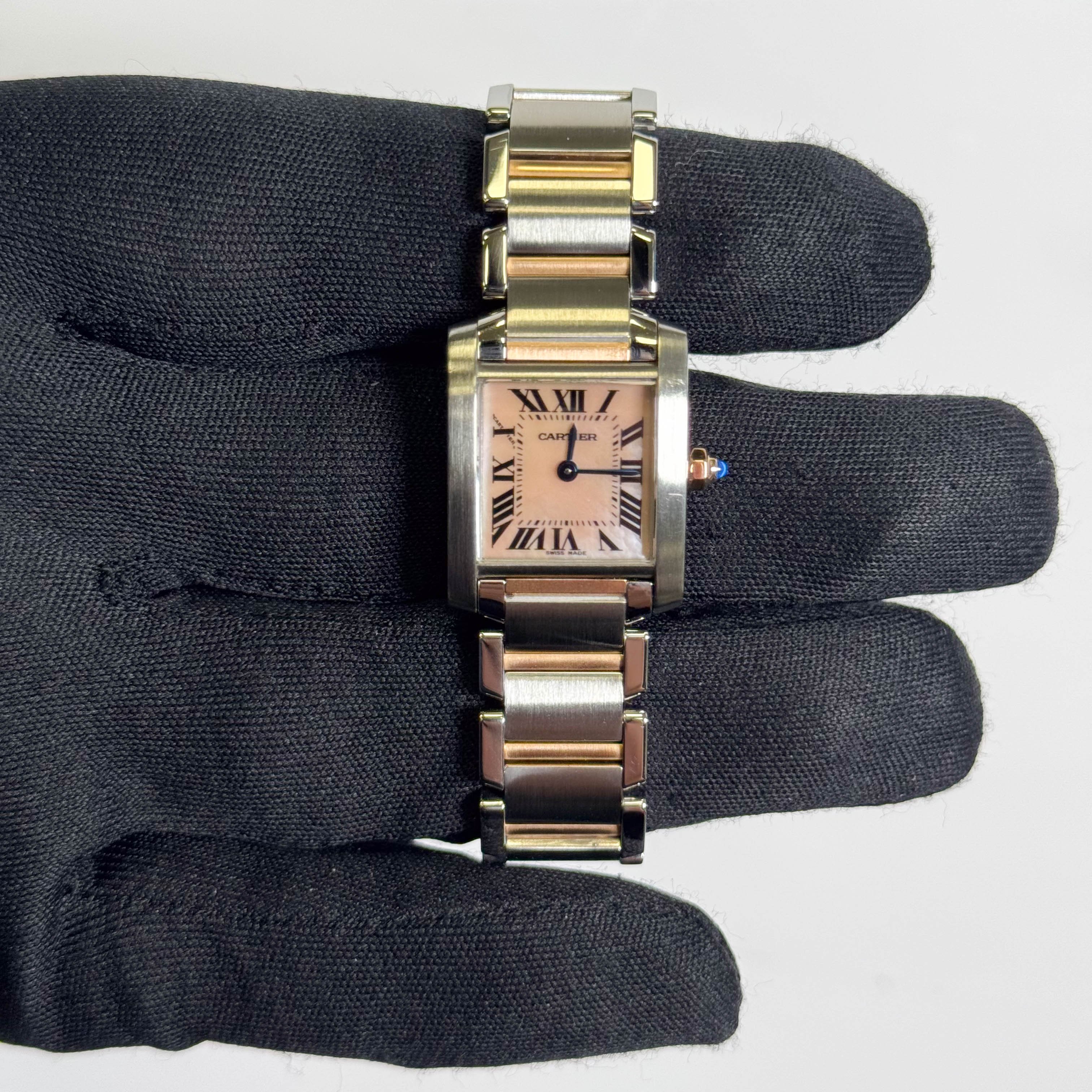 Cartier Tank Francaise 20mm Two Tone Stainless Steel Rose Gold Pink MOP Dial Watch Ref# W51027Q4 - Happy Jewelers Fine Jewelry Lifetime Warranty