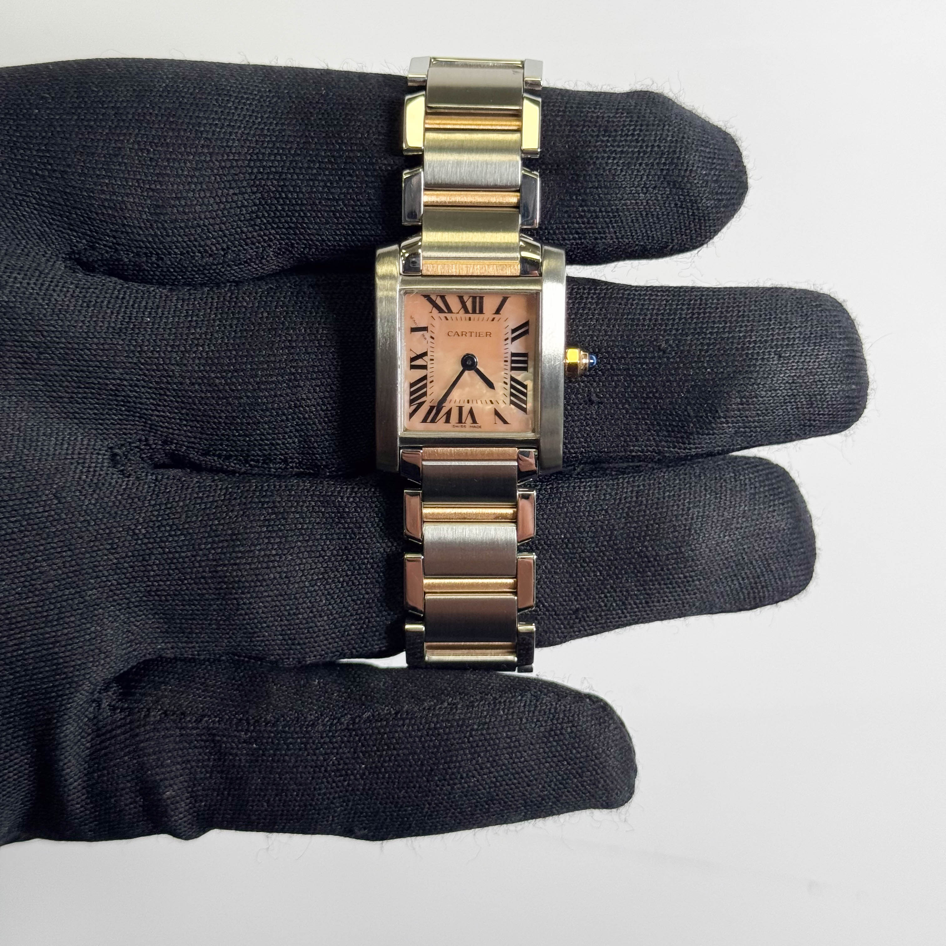 Cartier Tank Francaise 20mm Two Tone Stainless Steel Rose Gold Pink MOP Dial Watch Ref# W51027Q4 - Happy Jewelers Fine Jewelry Lifetime Warranty