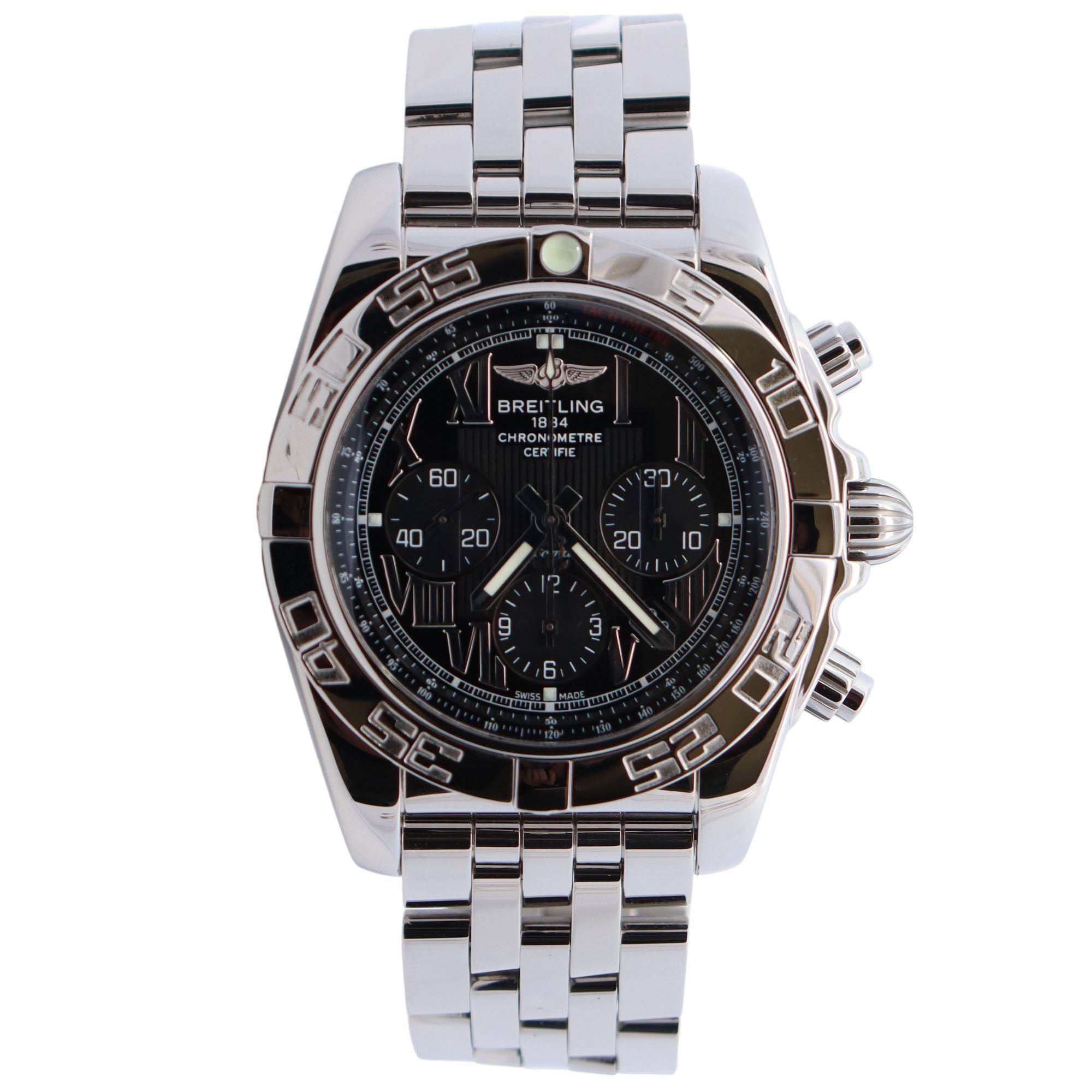 Breitling Chronomat 44mm Black Dial Watch Ref# AB0110 - Happy Jewelers Fine Jewelry Lifetime Warranty