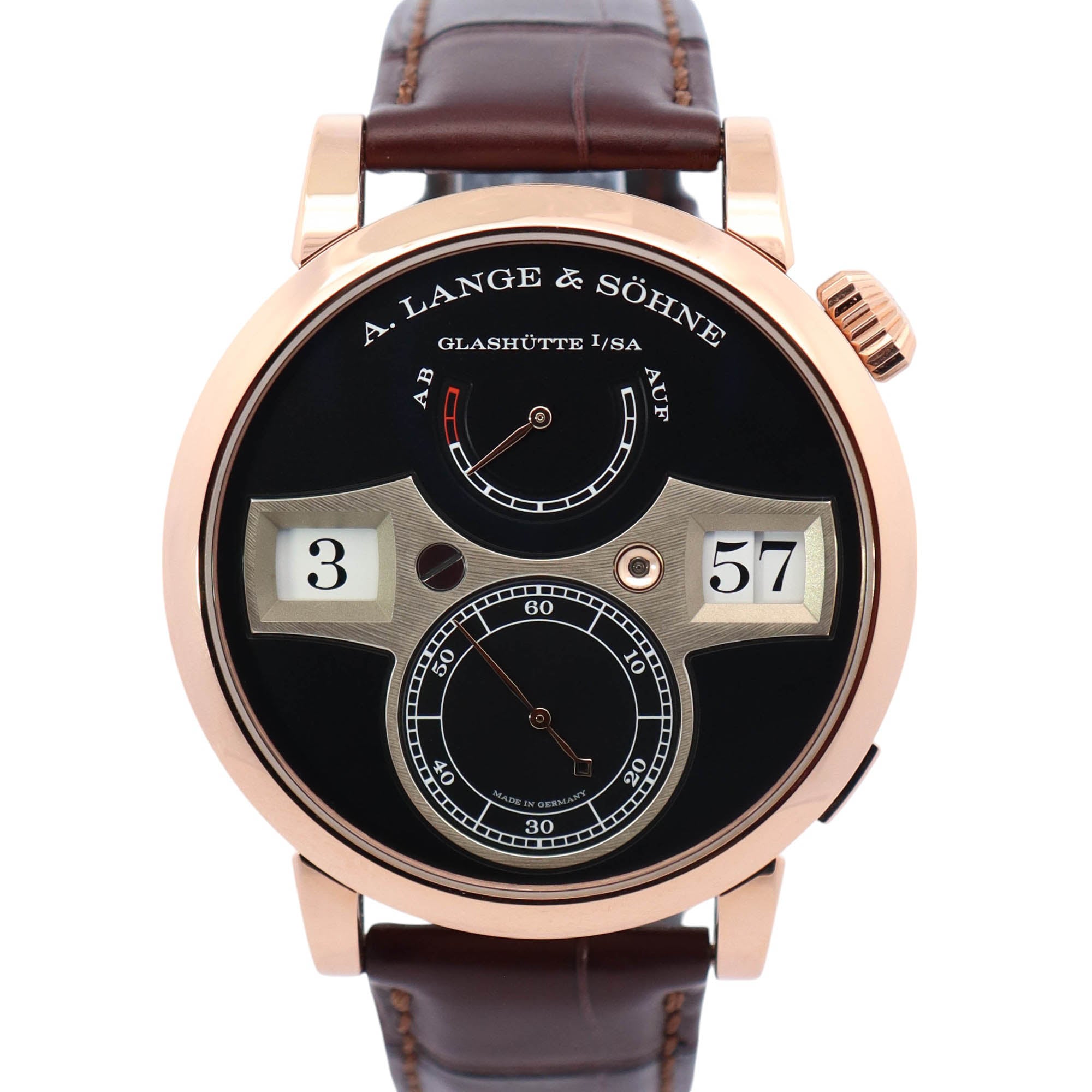 A. Lange & Sohne Zeitwerk 41.9mm Rose Gold Black Dial Watch Ref# 142.031 - Happy Jewelers Fine Jewelry Lifetime Warranty