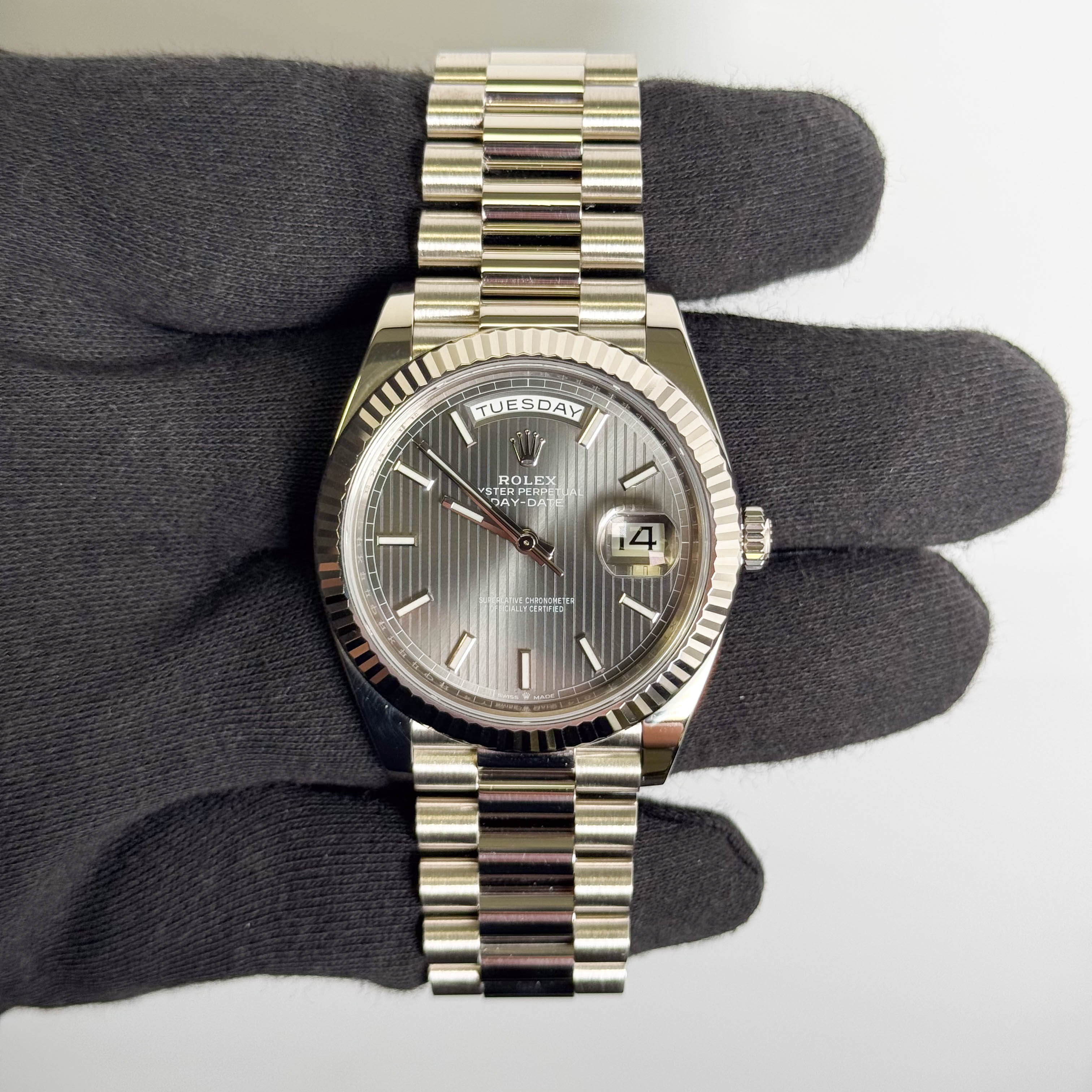 Rolex Day-Date 40mm Rhodium Tuxedo Dial Watch Ref# 228239 - Happy Jewelers Fine Jewelry Lifetime Warranty