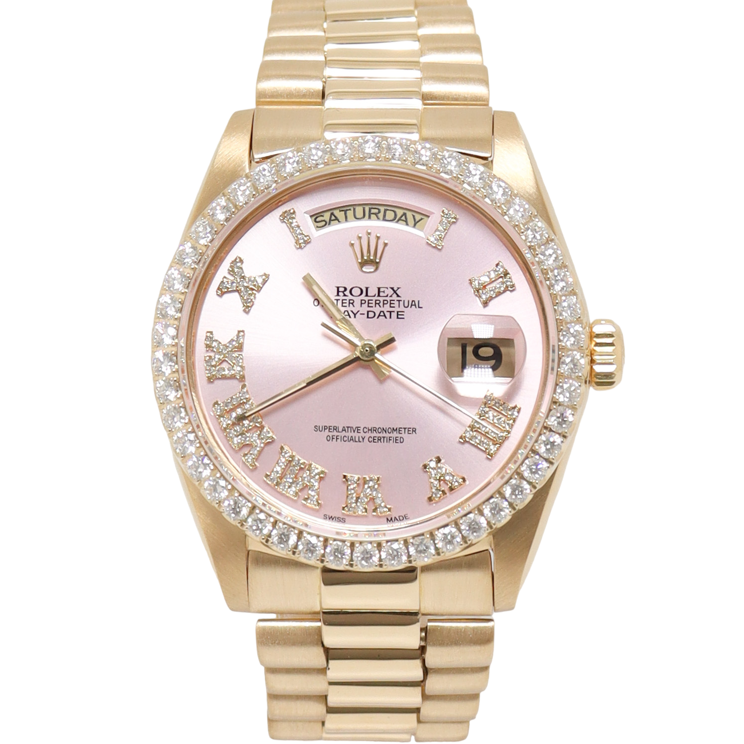 pink＆blackෆ‪チャームෆ‪ Rolex Day Date Yellow Gold 36mm Pink Roman Diamond Dial Watch