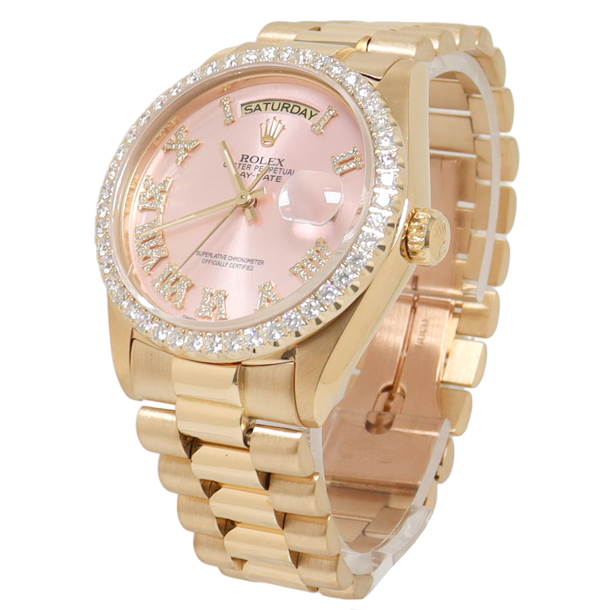Rolex Day Date Yellow Gold 36mm Pink Roman Diamond Dial Watch Reference#: 18038 - Happy Jewelers Fine Jewelry Lifetime Warranty
