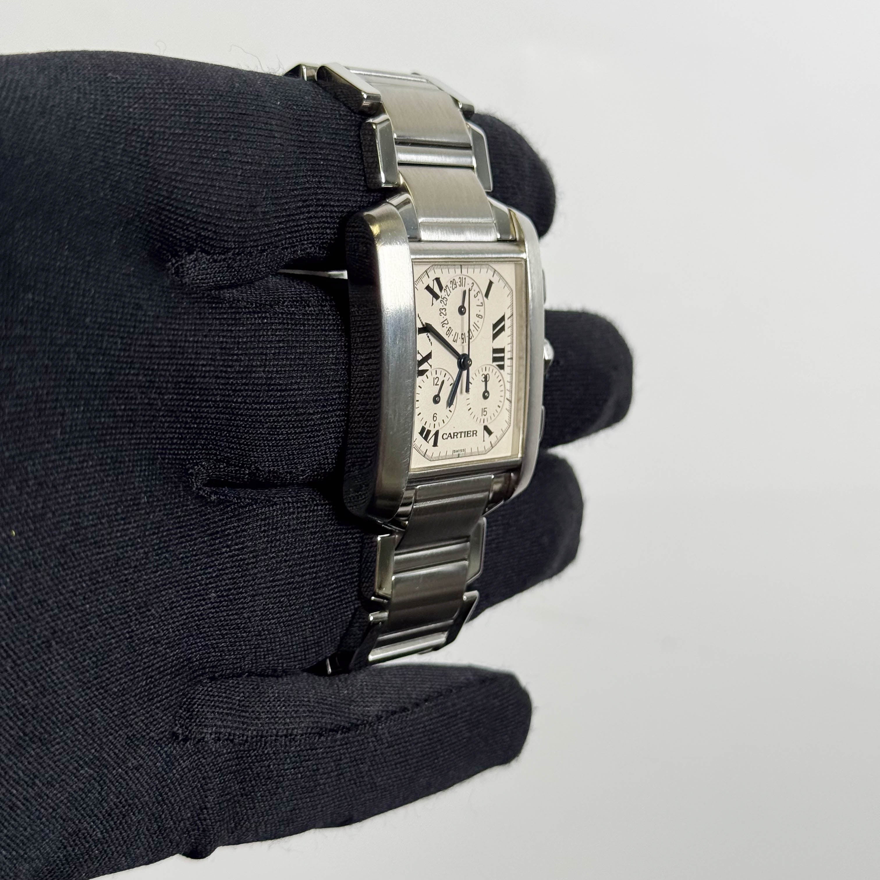 Cartier Tank Francaise Chronoreflex Stainless Steel 29mm White Dial Watch Ref# W51001Q3 - Happy Jewelers Fine Jewelry Lifetime Warranty