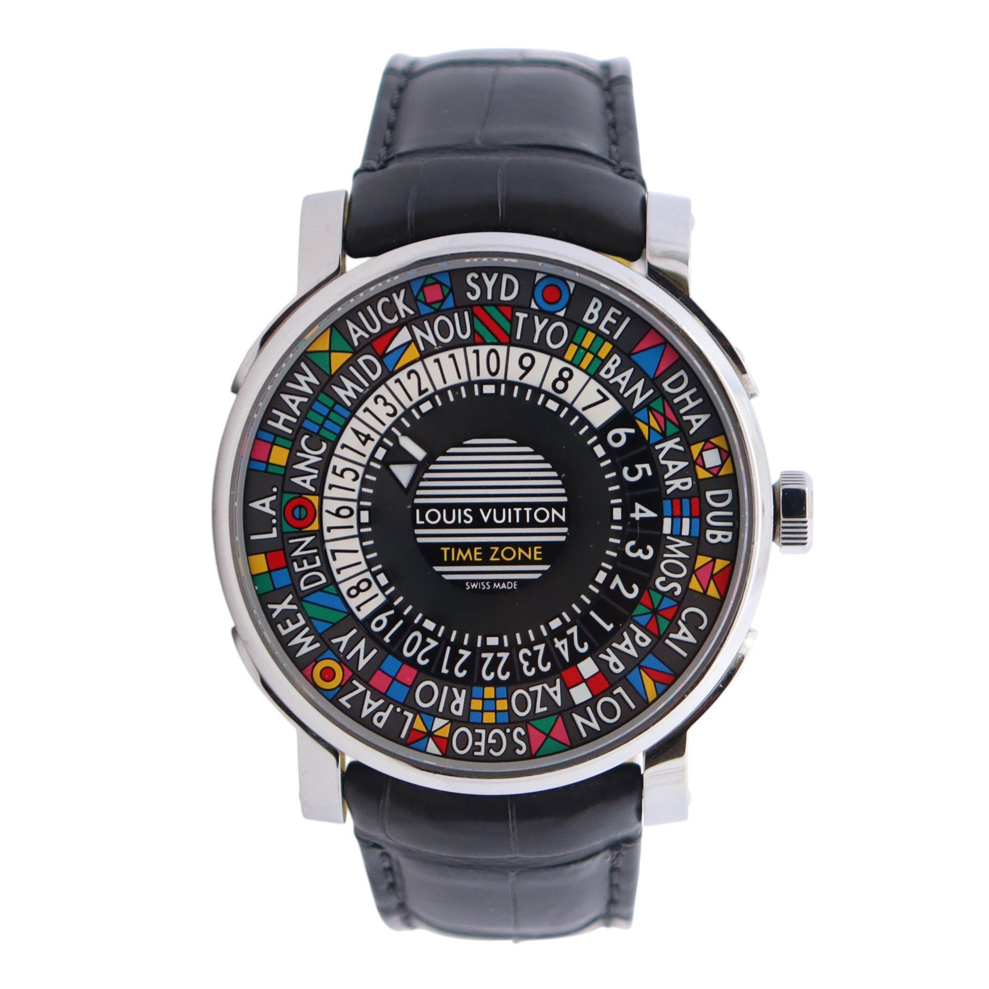 Louis Vuitton Timezone 39mm Black Dial Watch Ref# Q5D20 - Happy Jewelers Fine Jewelry Lifetime Warranty