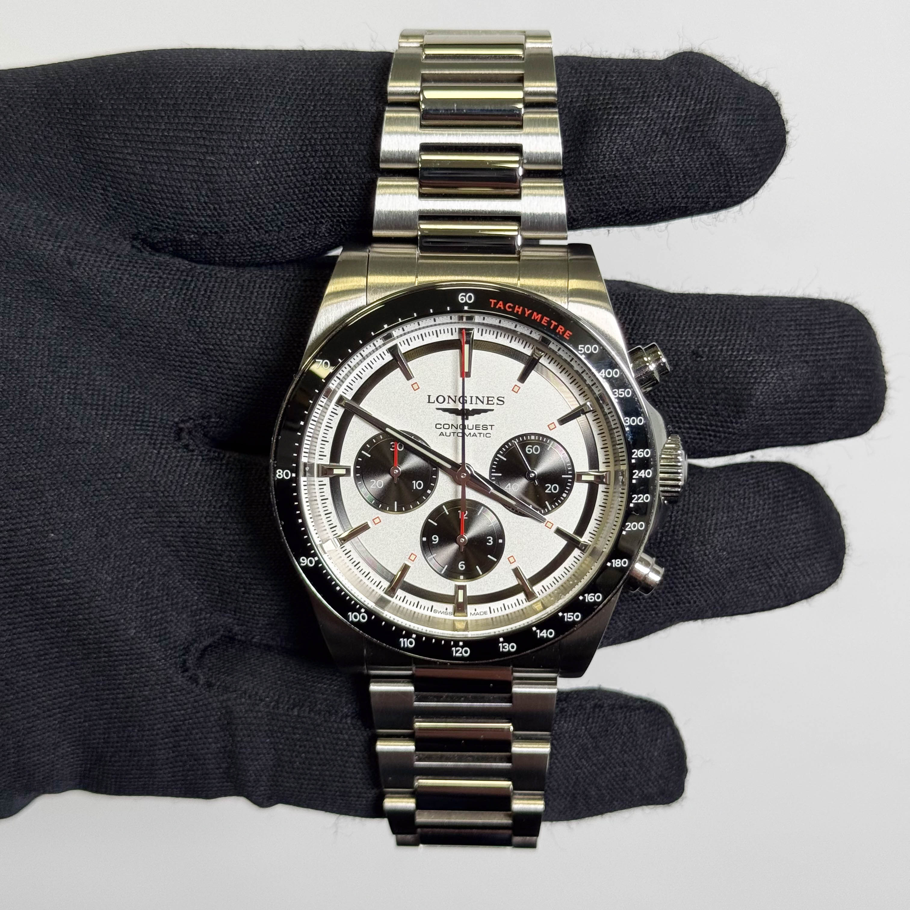 Longines Conquest 42mm White Chronograph Dial Watch Ref# L3.835.4.72.6 - Happy Jewelers Fine Jewelry Lifetime Warranty