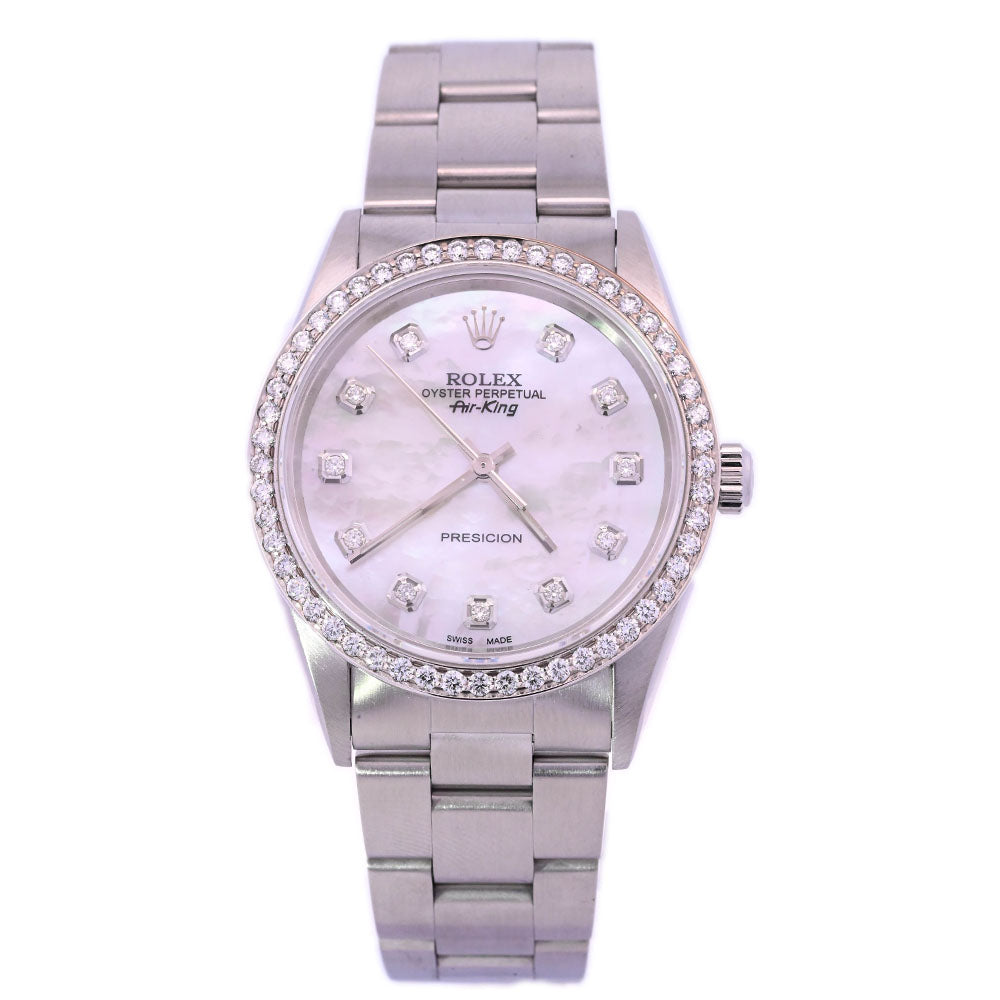 Rolex Air King Stainless Steel 34mm Custom White MOP Diamond Dial Watch Reference #: 14000 - Happy Jewelers Fine Jewelry Lifetime Warranty