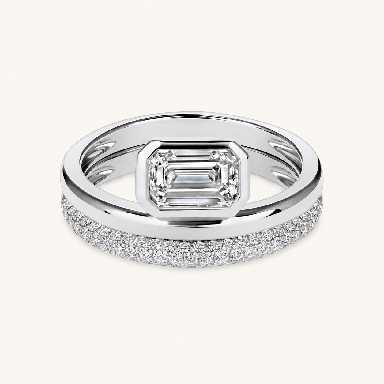 White Gold Lab Diamond Emerald Double Layer Ring