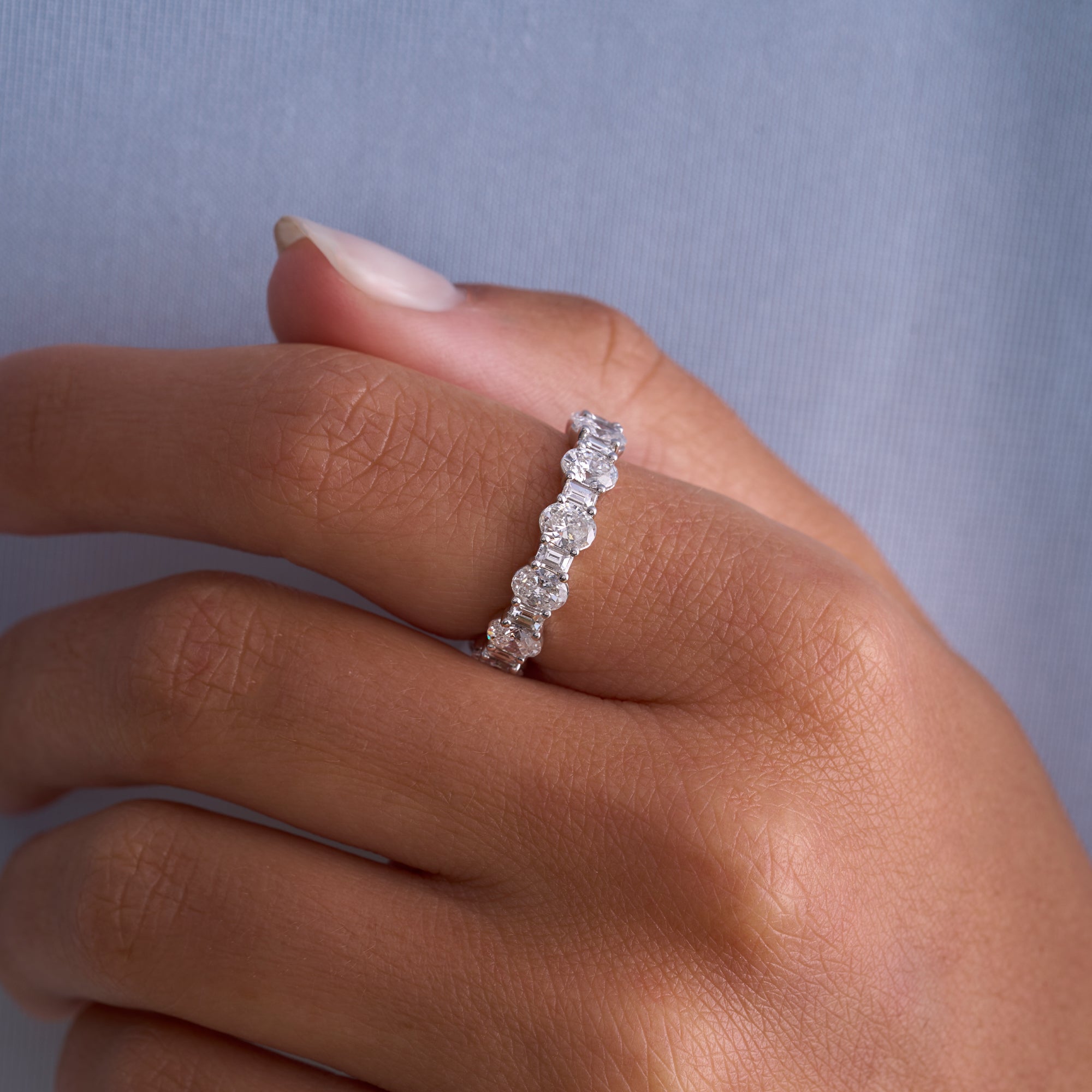 White Gold Oval + Baguette Lab Diamond Eternity Band On Figure