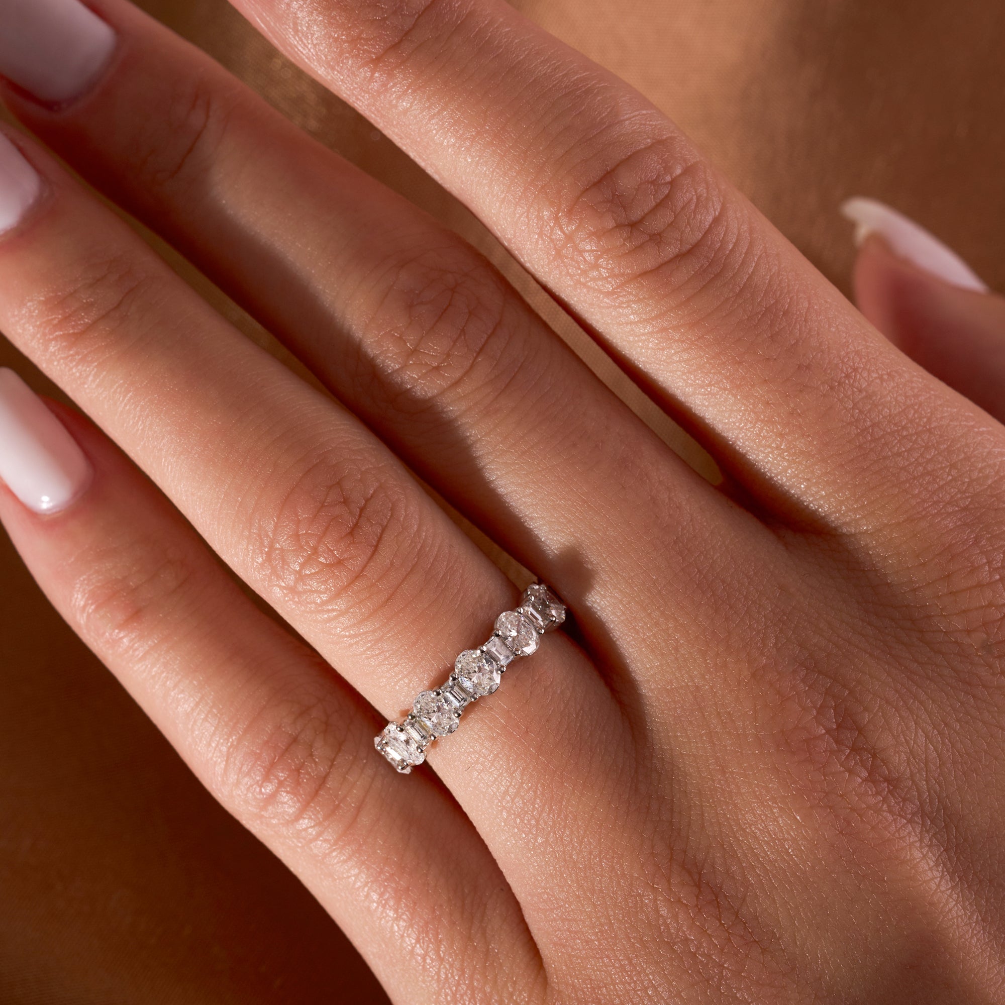 White Gold Oval + Baguette Lab Diamond Eternity Band On Figure