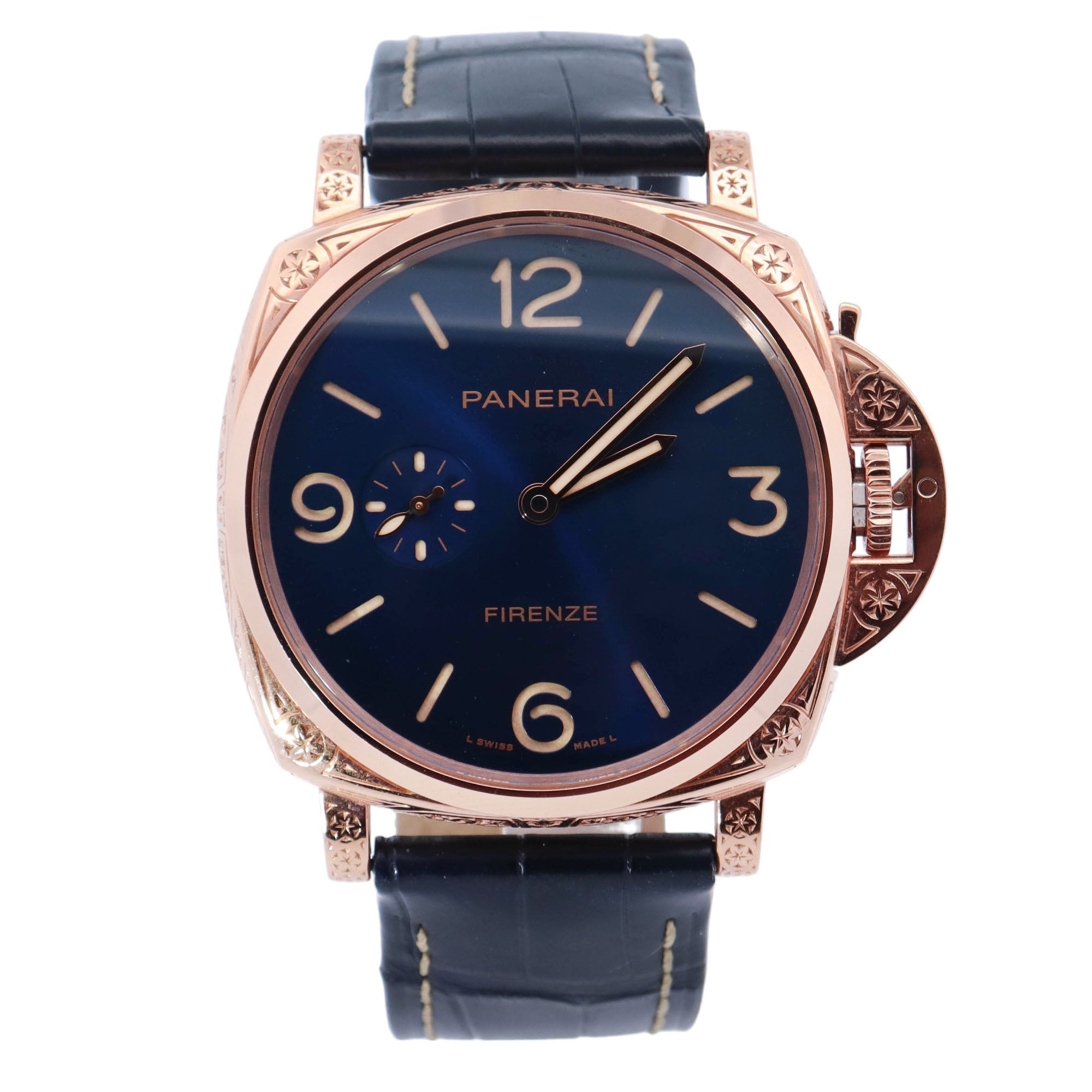 Panerai Luminor Firenze Rose Gold 42mm x 45mm Blue Arabic & Stick Dial Watch Reference# PAM01204 - Happy Jewelers Fine Jewelry Lifetime Warranty